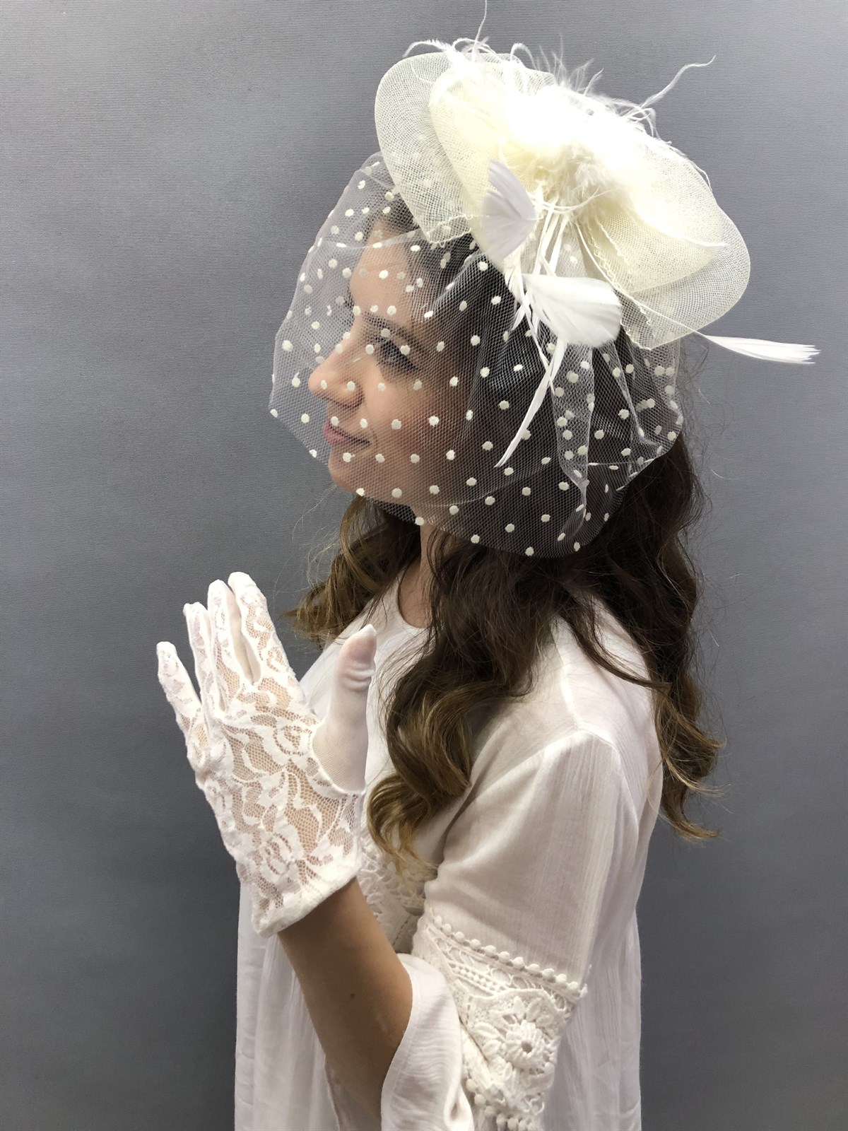 Krem Dantelli Eldiven-Vualet Nikah Şapkası
