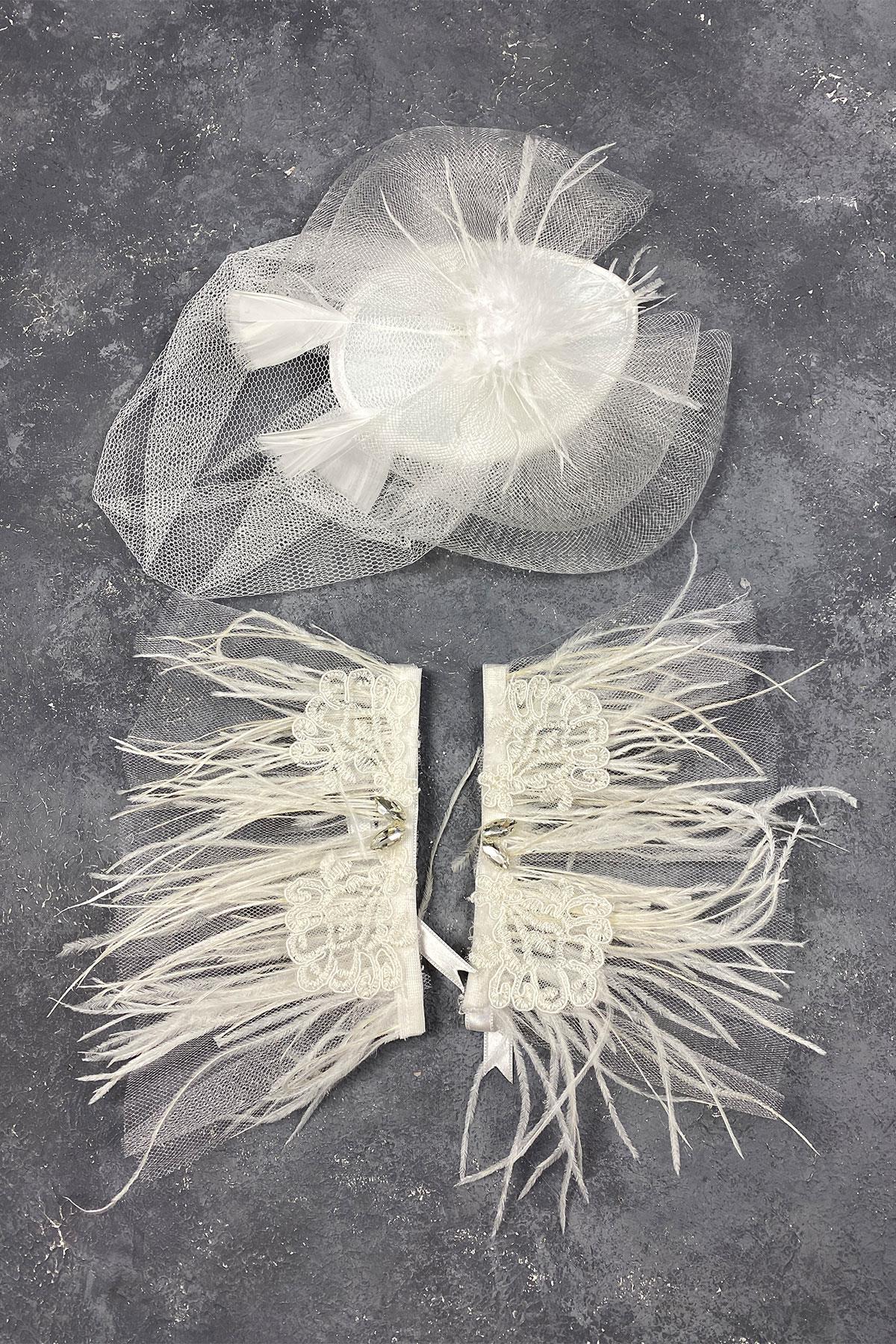Voile Wedding Hat Bridal Accessory And Beren Feathered Couple Wrist Accessory