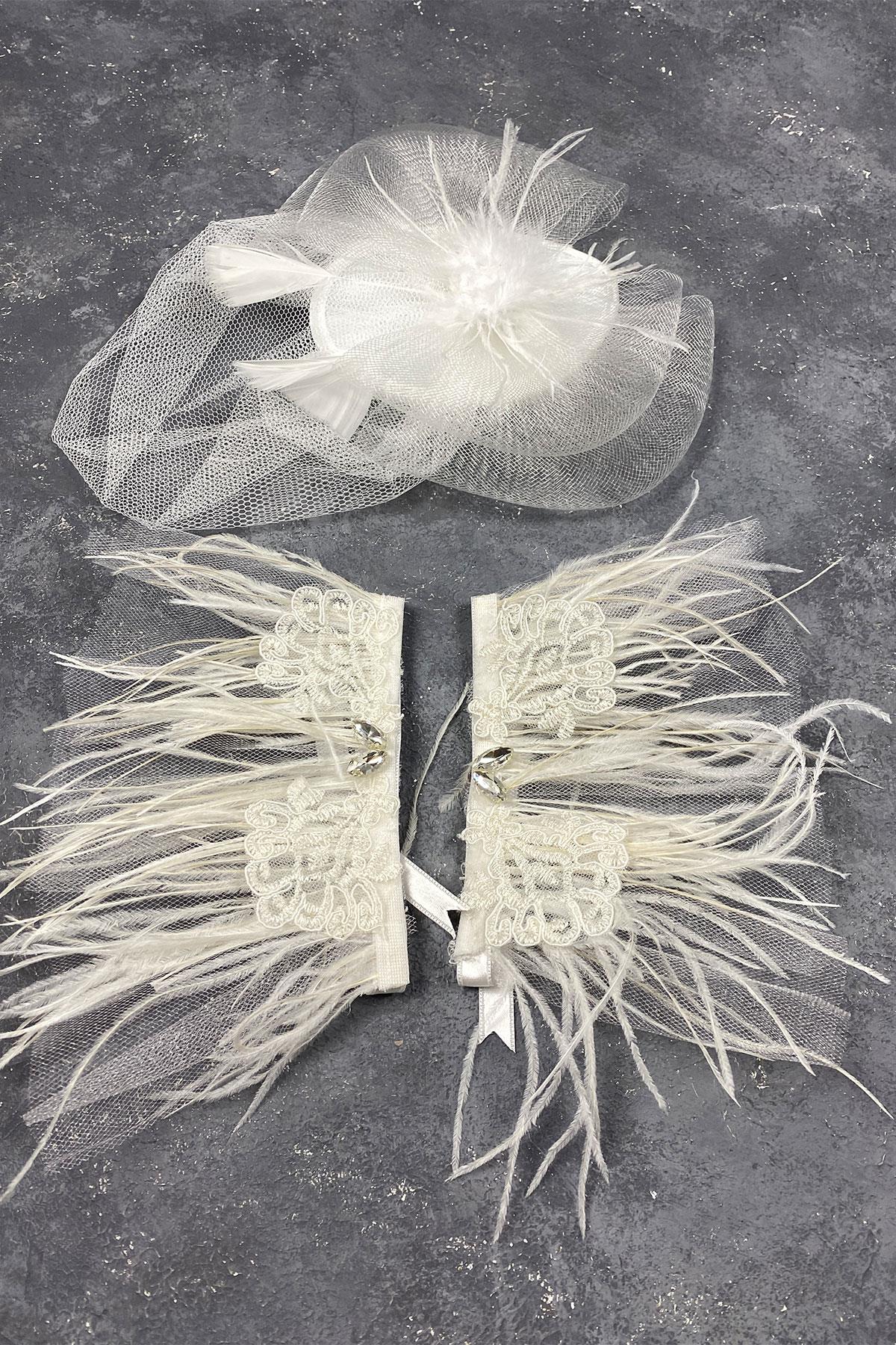 Voile Wedding Hat Bridal Accessory And Beren Feathered Couple Wrist Accessory
