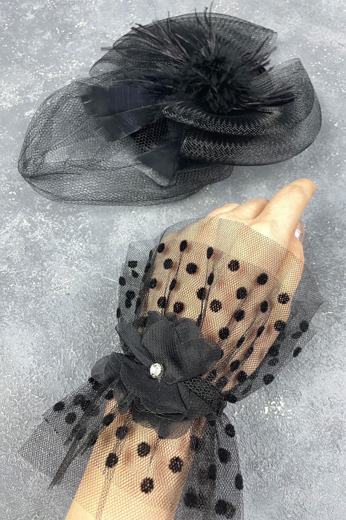 Voile Wedding Hat Hair Accessory And Vera Wrist Accessory With Polka Dots