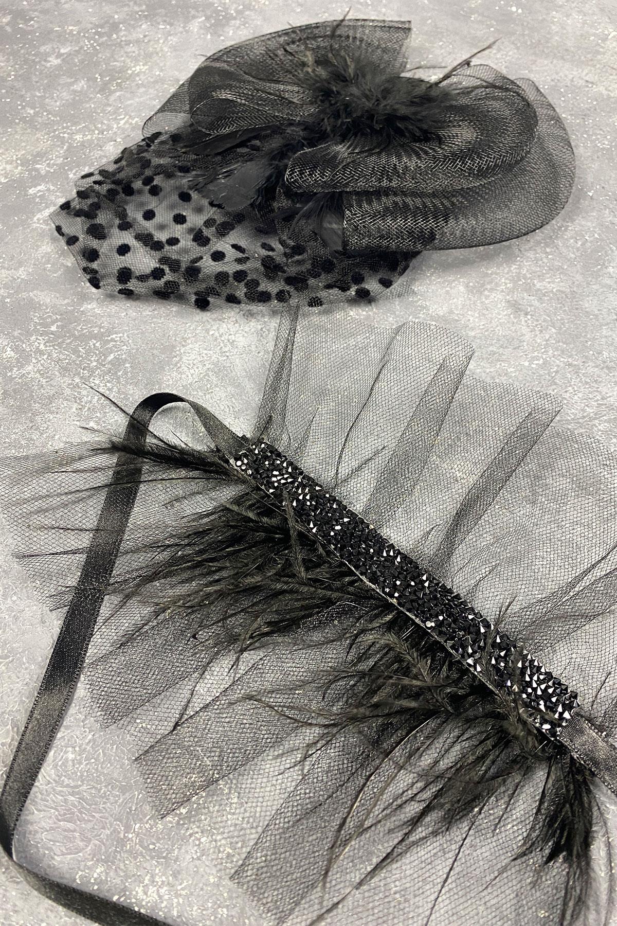 Voile Polka Dot Wedding Cap And Beren Feather Wrist Accessory