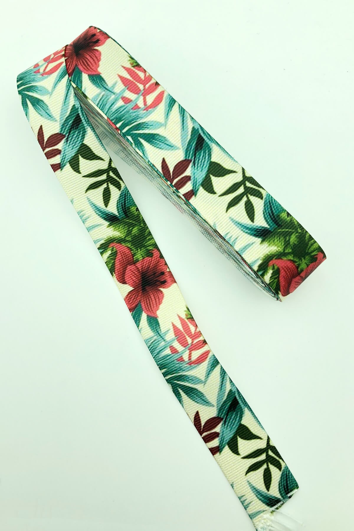 Leafy Red Floral Printed Grosgrain Ribbon 10 Mt