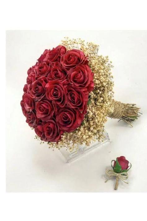 Yeni Gelin Buketi Ve Damat Yaka Çiçeği Bordo Gül Ve Cipso