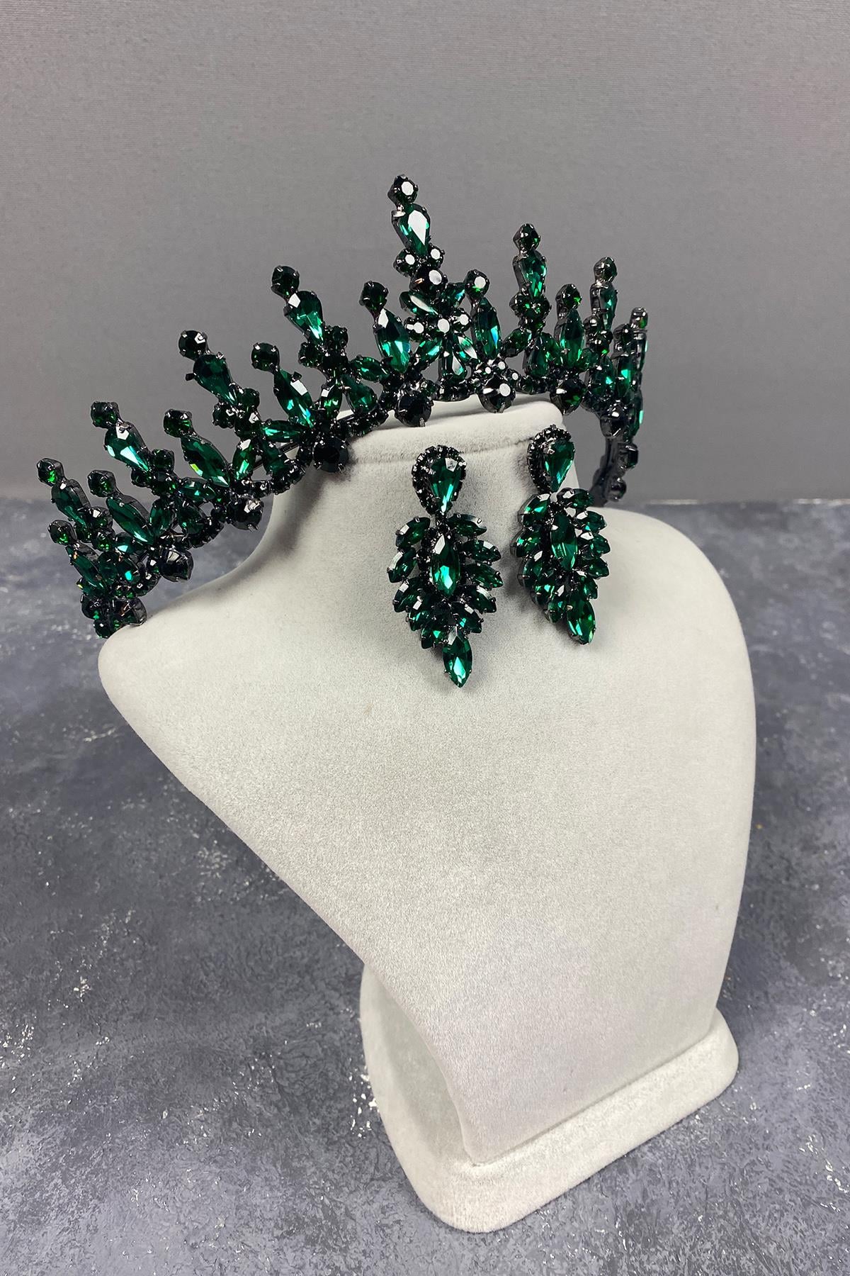 Green Cooker Bridal Henna Tiara and Stud Earrings Set