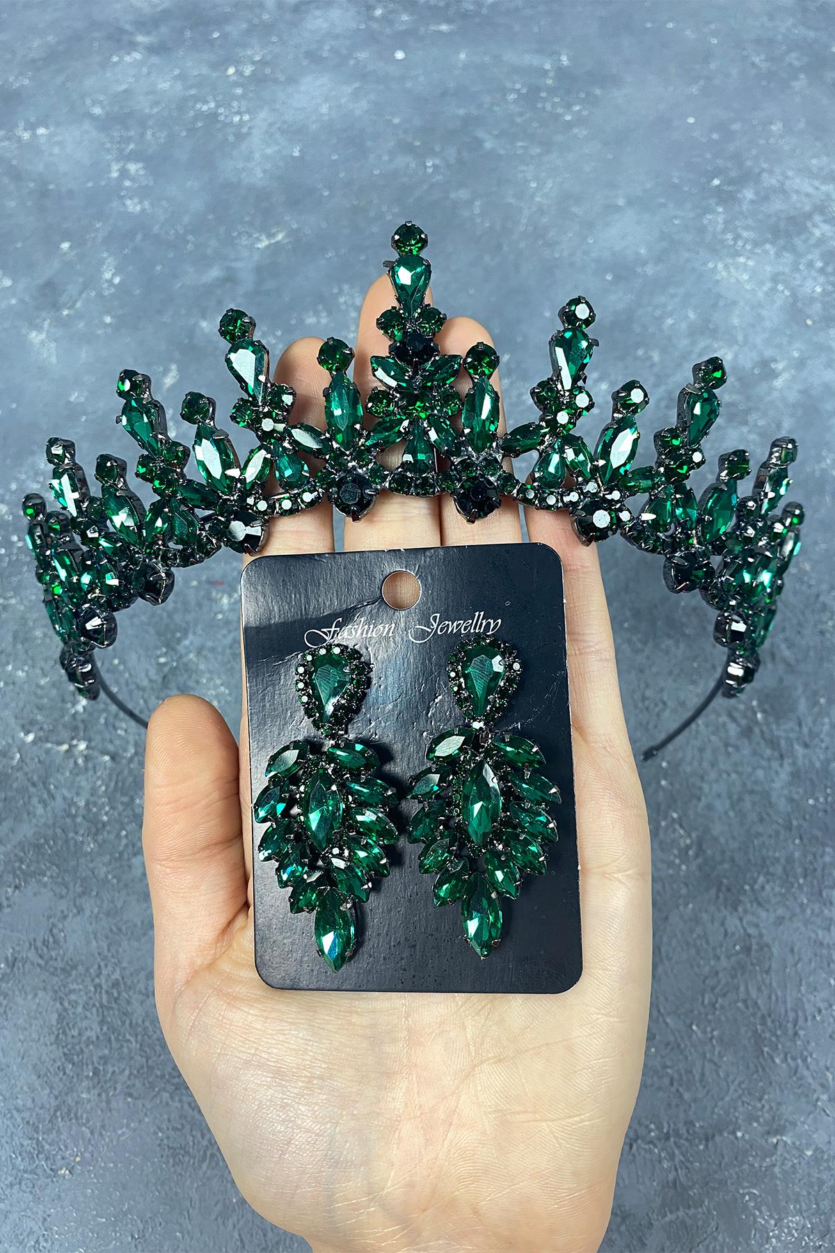 Green Cooker Bridal Henna Tiara and Stud Earrings Set