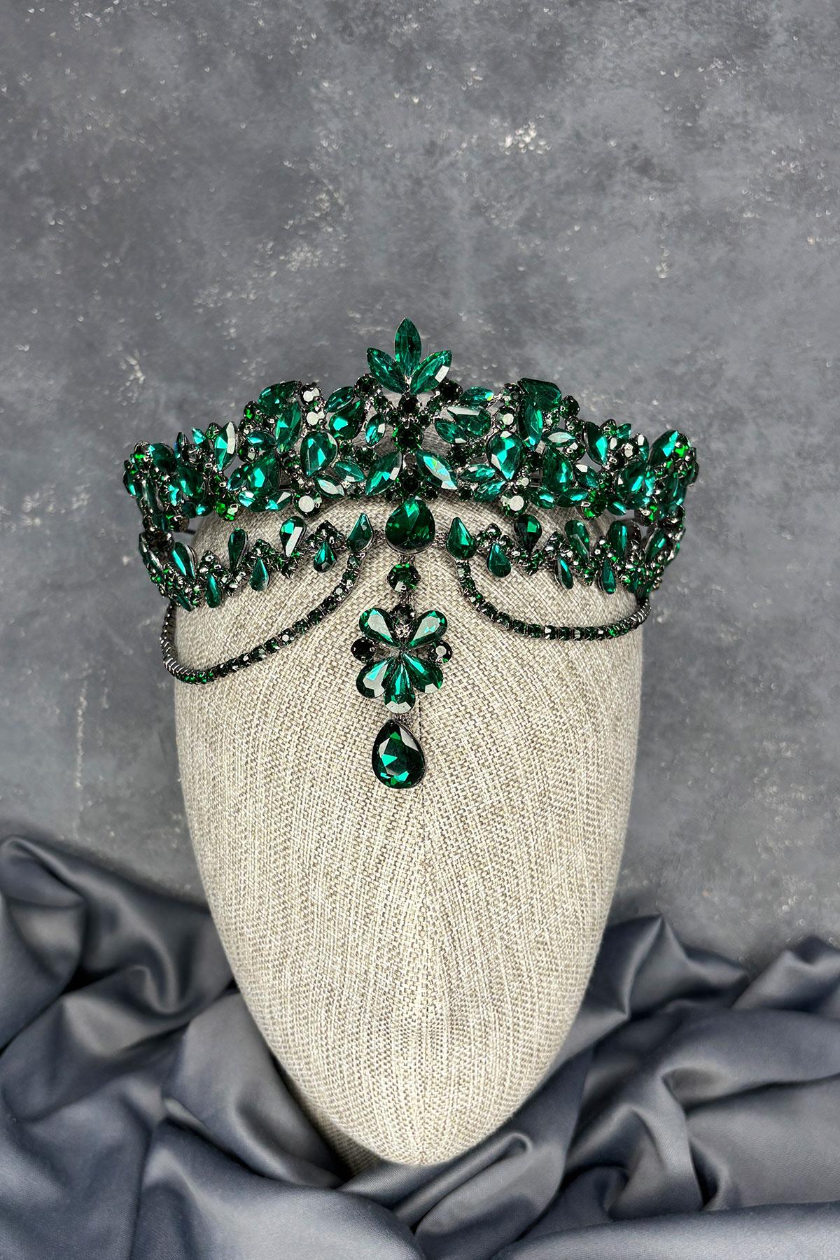 Yeşil Dali Alınlık Sallantılı Gelin Kına Tacı Saç Aksesuarı