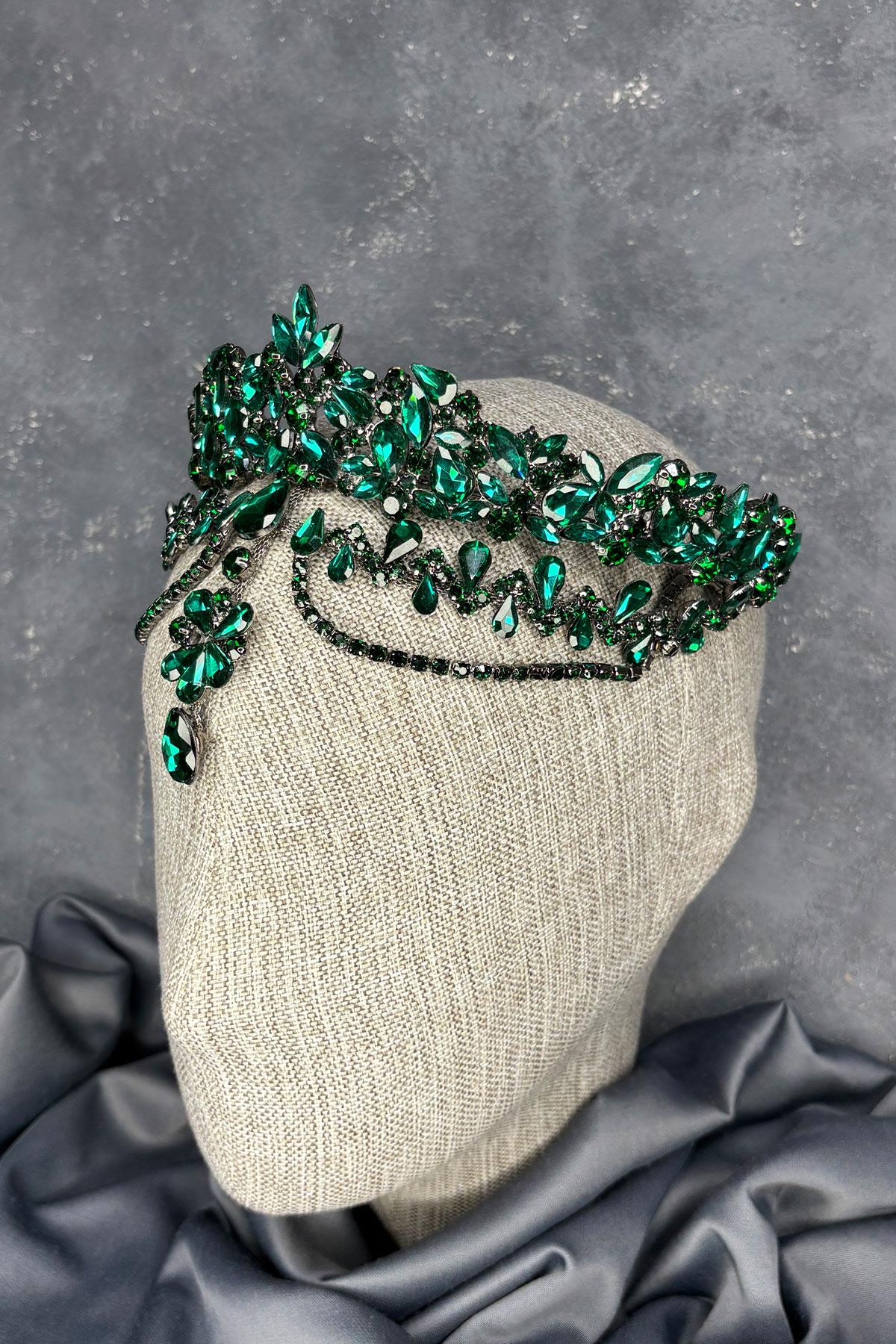 Yeşil Dali Alınlık Sallantılı Gelin Kına Tacı Saç Aksesuarı