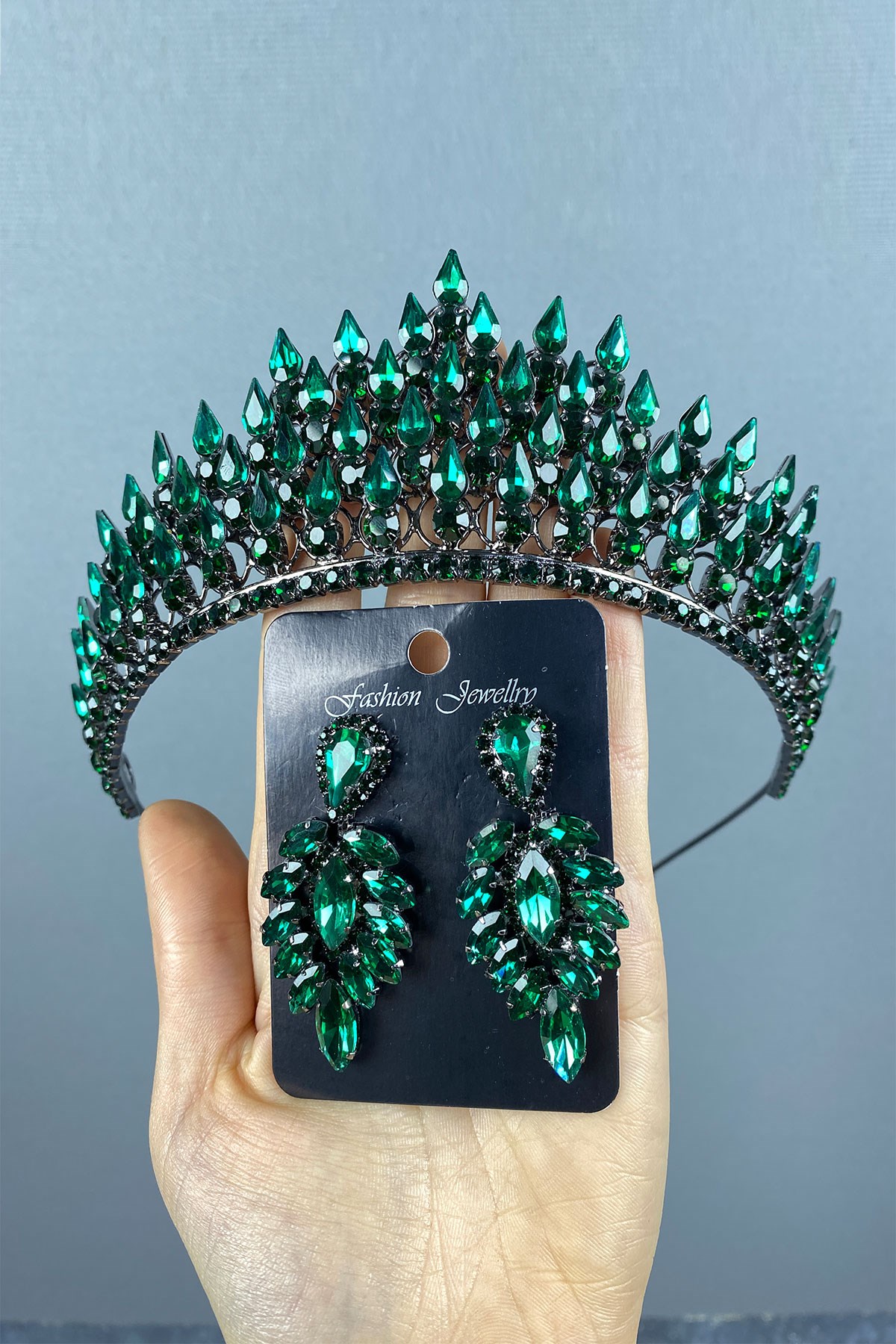 Green Drop 3D Bridal Henna Crown And Stone Earring Set
