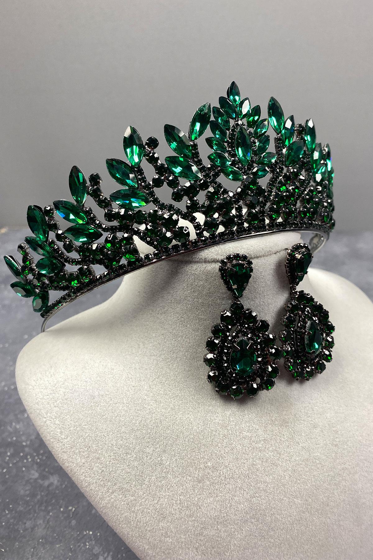 Green Danver Stone Bridal Henna Tiara and Stud Earrings Set