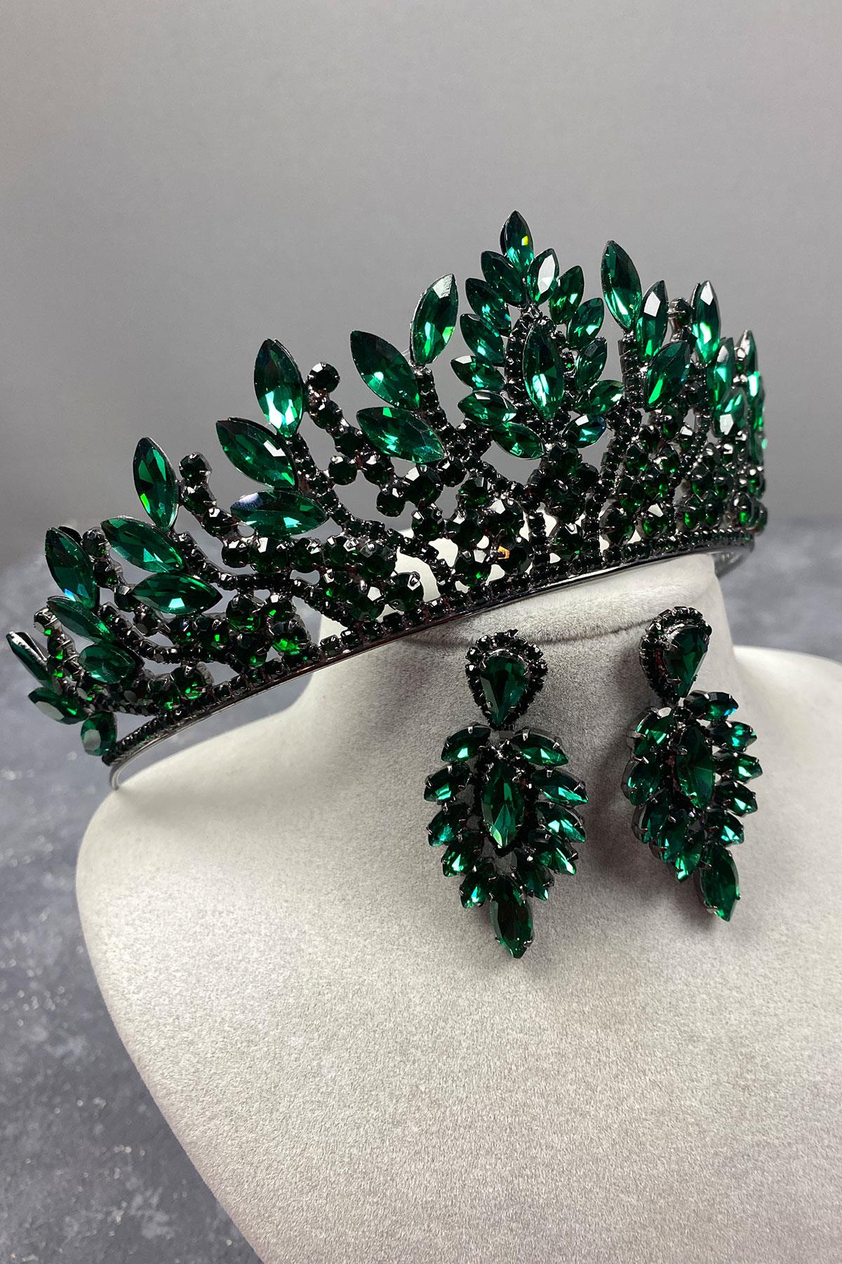 Green Danver Stone Bridal Henna Crown And Earring Set