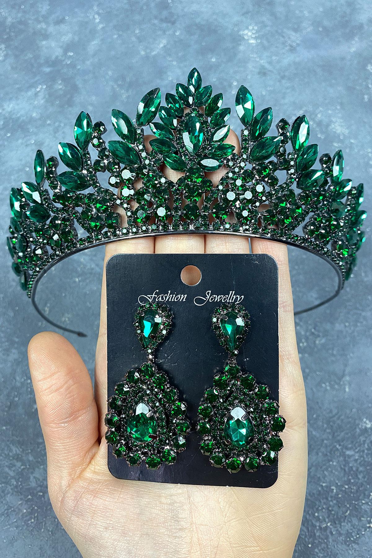 Green Danver Stone Bridal Henna Tiara and Stud Earrings Set