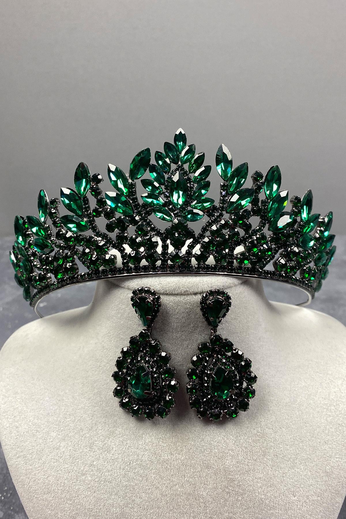 Green Danver Stone Bridal Henna Tiara and Stud Earrings Set