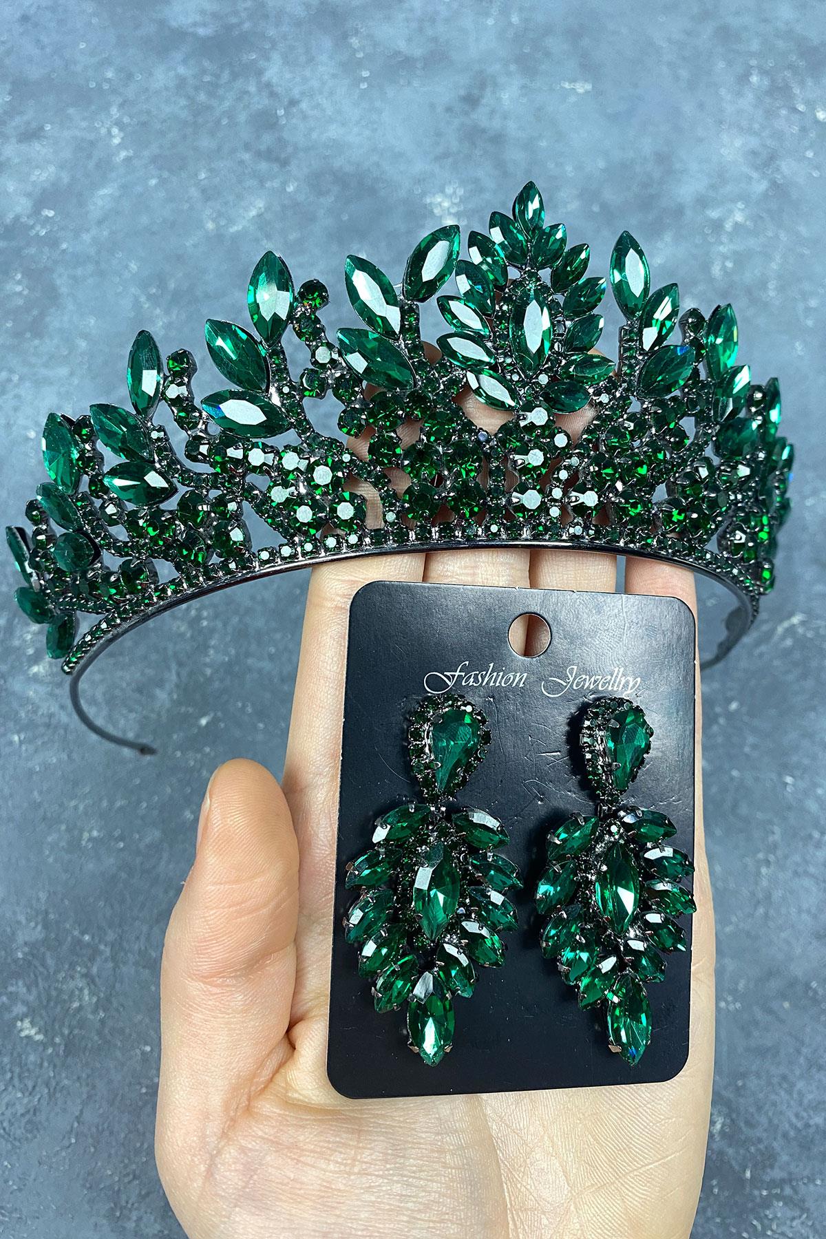 Green Danver Stone Bridal Henna Crown And Earring Set