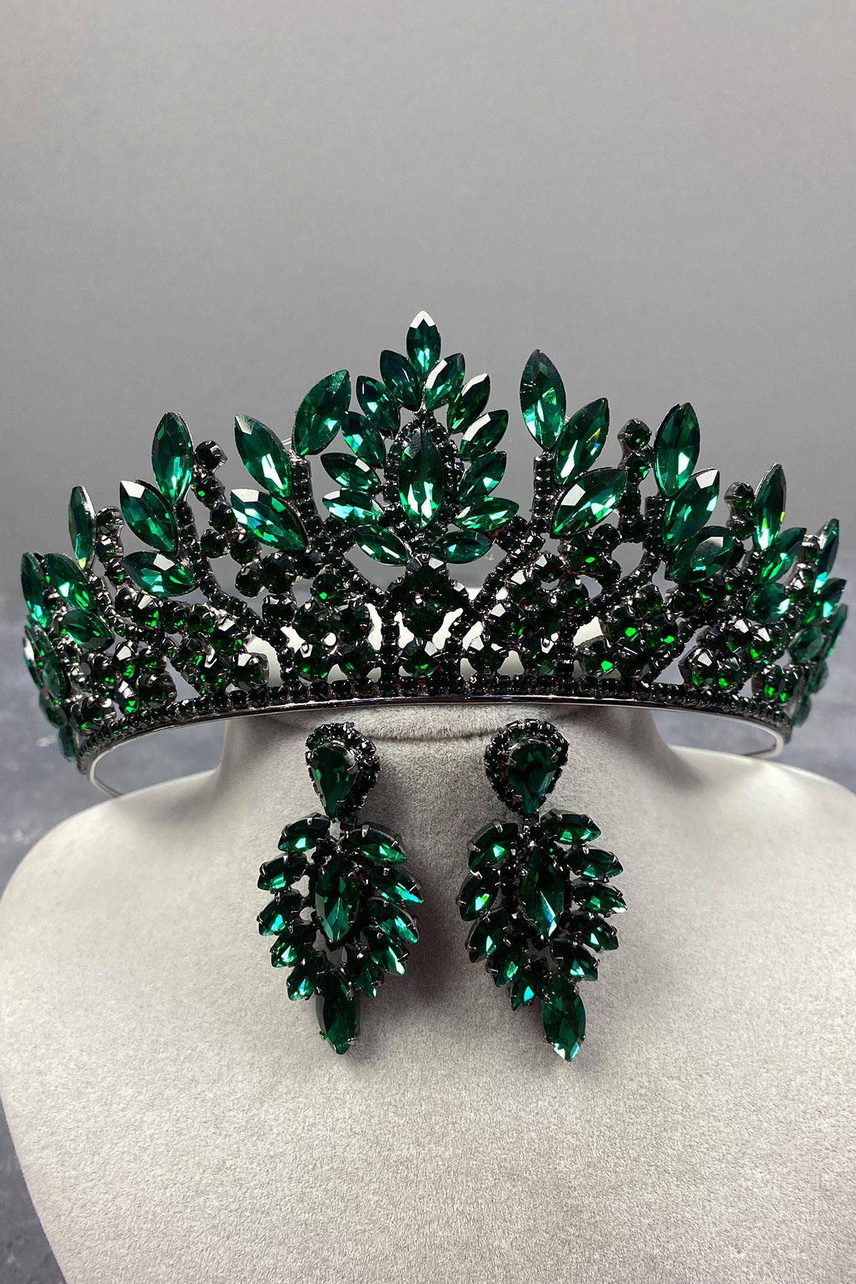 Green Danver Stone Bridal Henna Crown And Earring Set