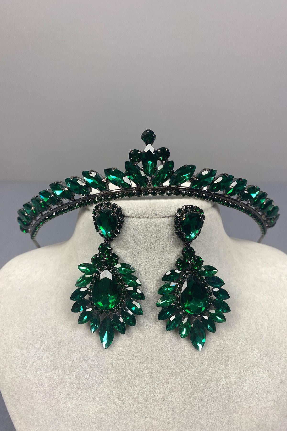 Green Ece Bridal Henna Crown and Drop Shuttle Earring Set