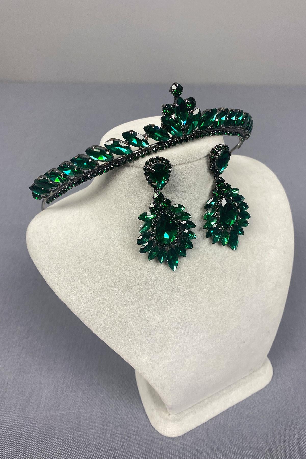 Green Ece Bridal Henna Crown and Drop Shuttle Earring Set