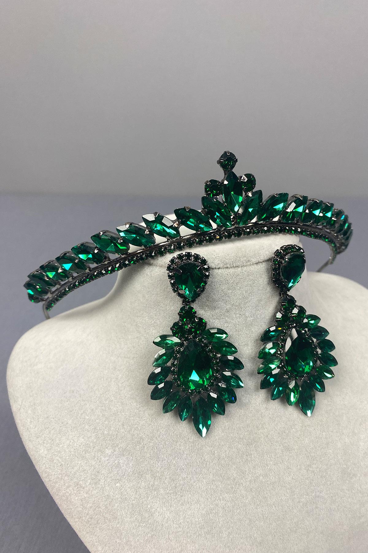 Green Ece Bridal Henna Crown and Drop Shuttle Earring Set