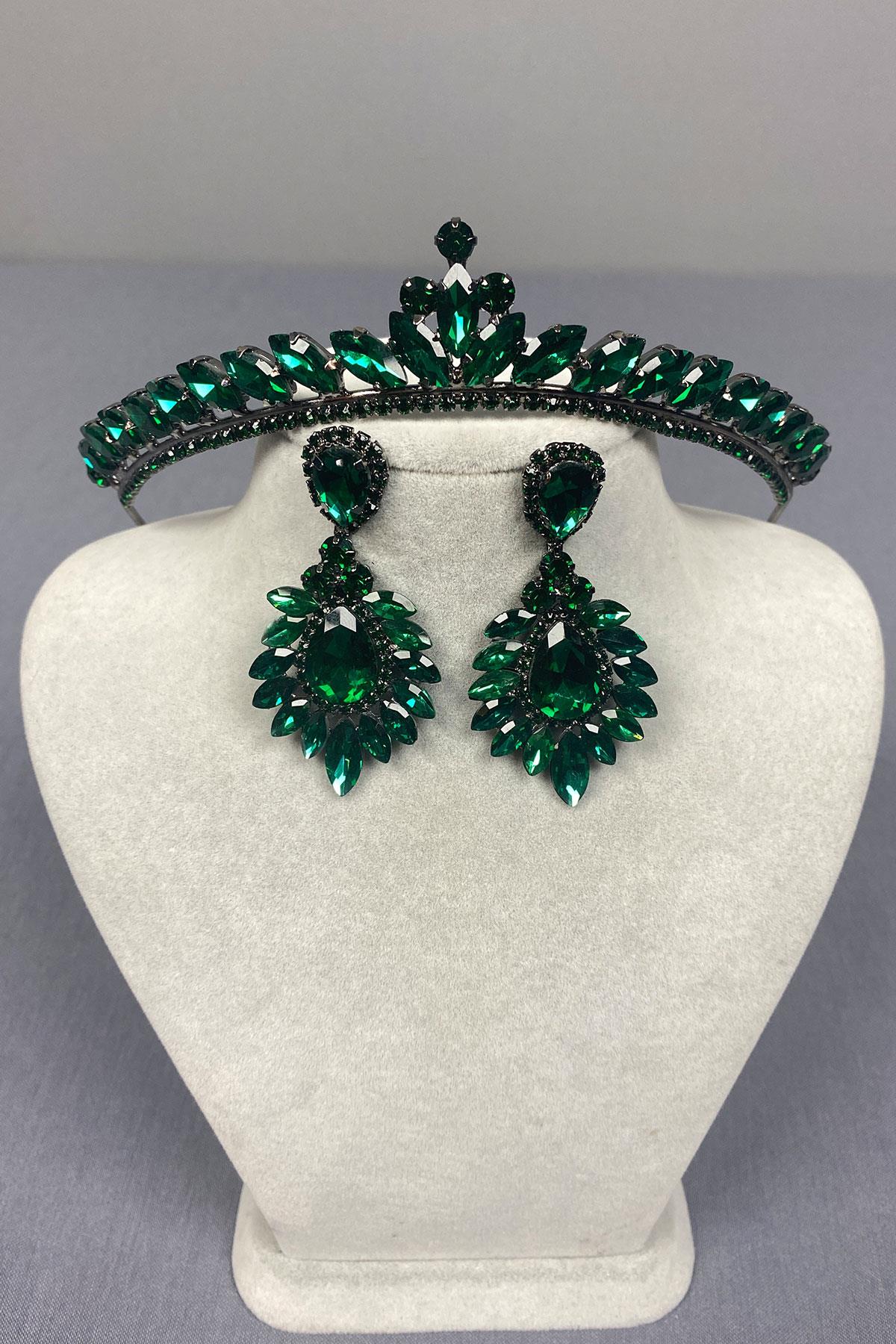 Green Ece Bridal Henna Crown and Drop Shuttle Earring Set