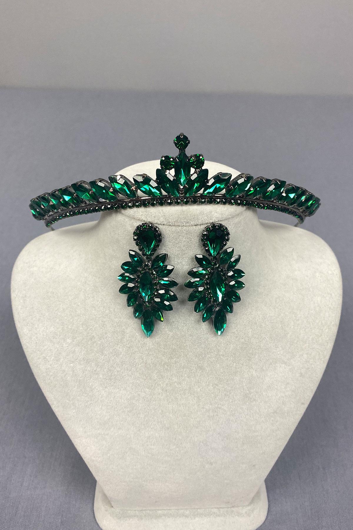 Green Ece Bridal Henna Crown and Thin Shuttle Stone Earrings