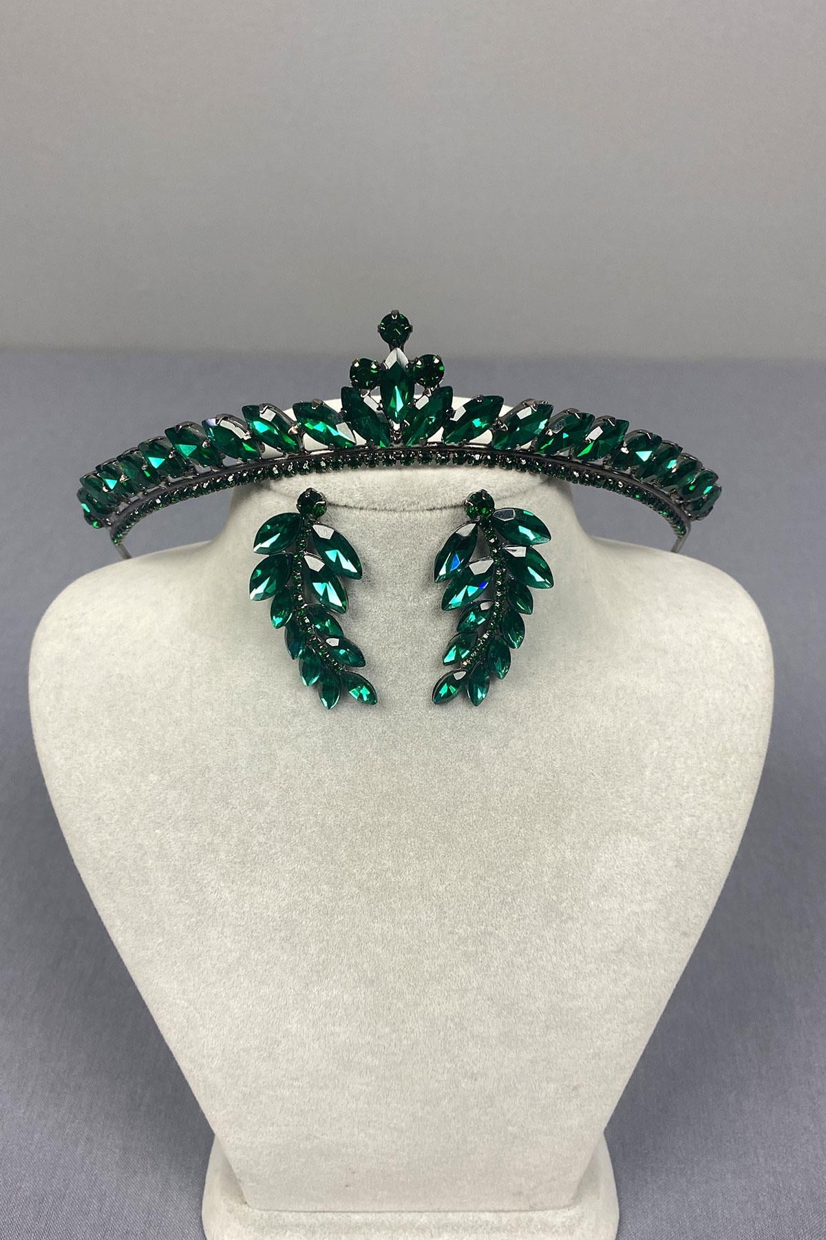 Green Ece Bridal Henna Crown and Leaf Stone Earrings