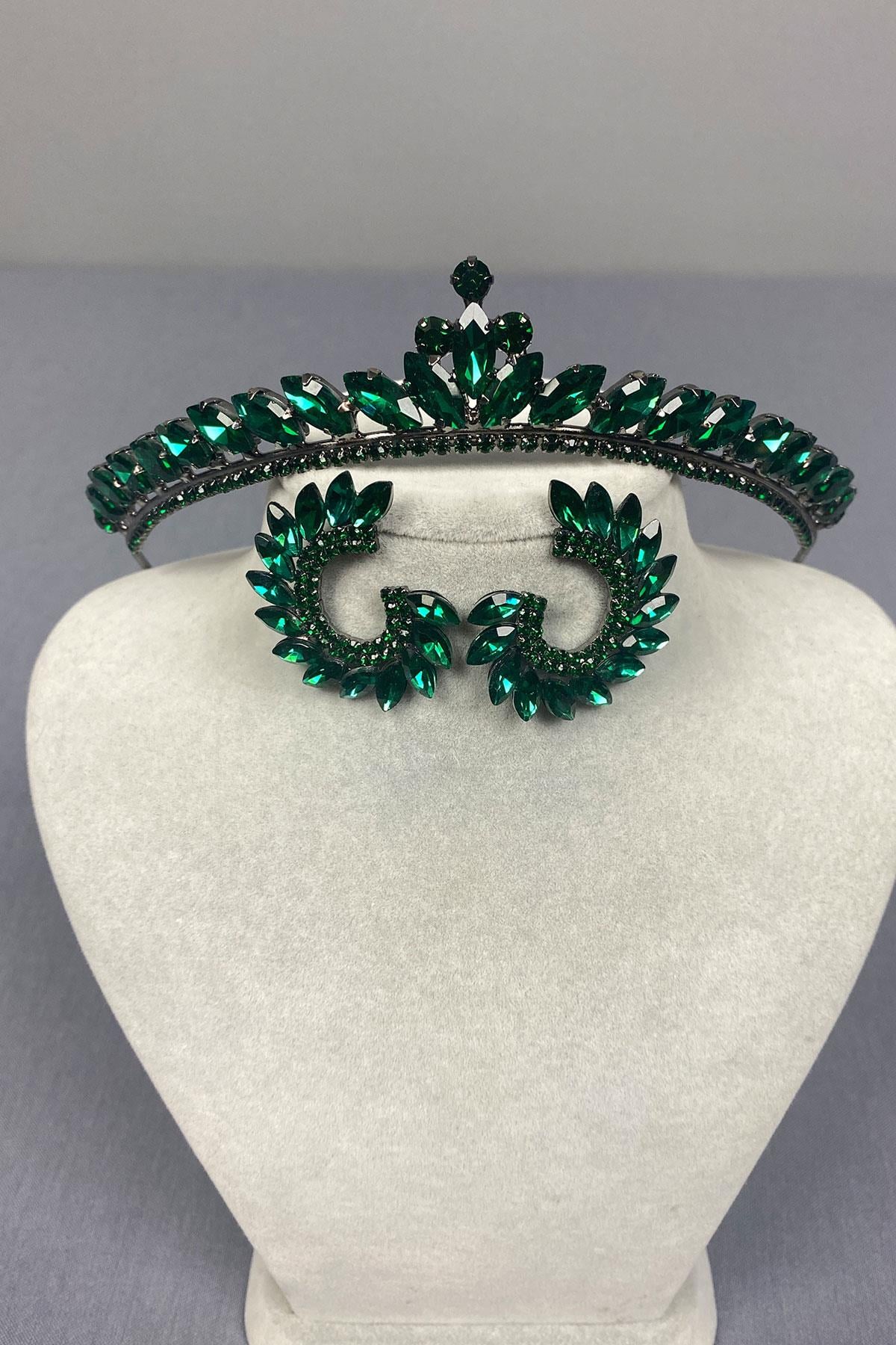 Green Ece Bridal Henna Crown and Round Stone Earring Set