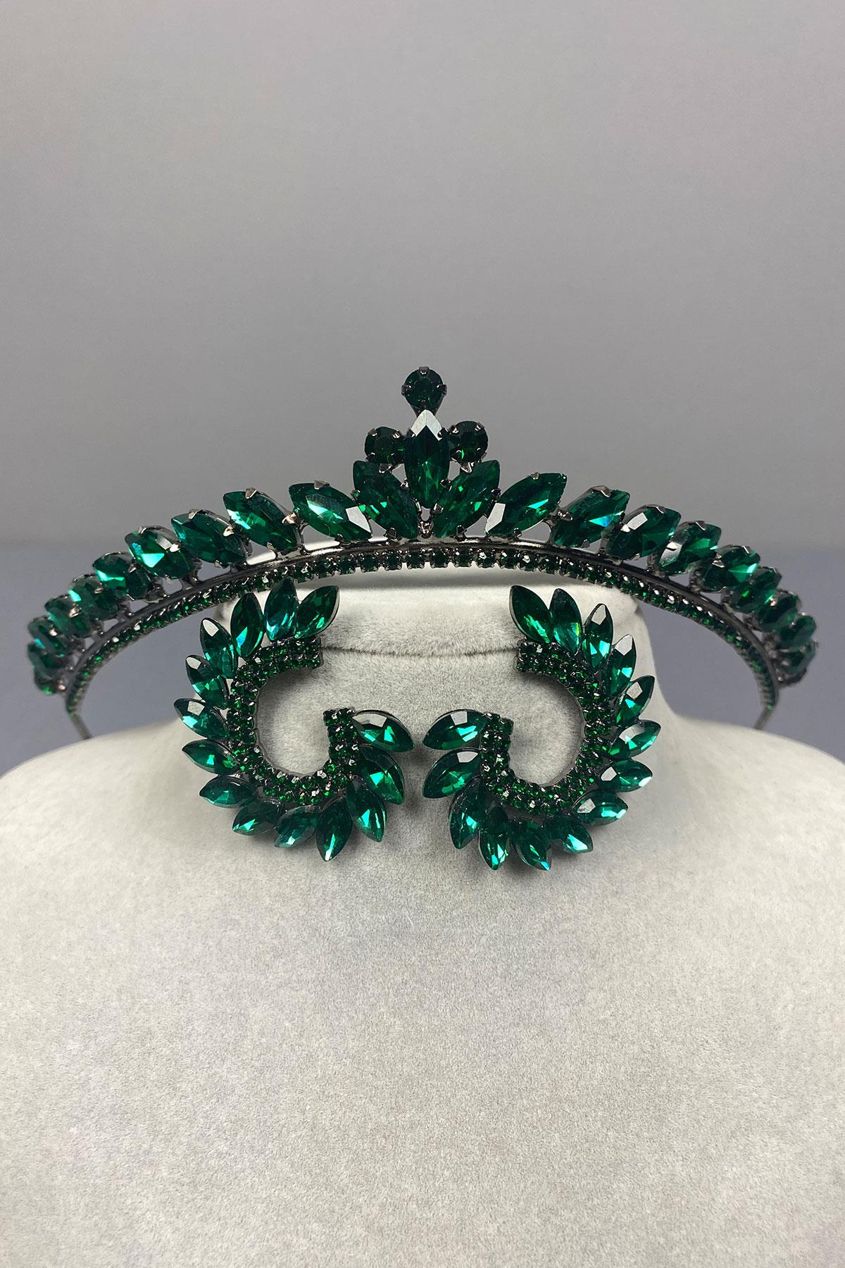 Green Ece Bridal Henna Crown and Round Stone Earring Set