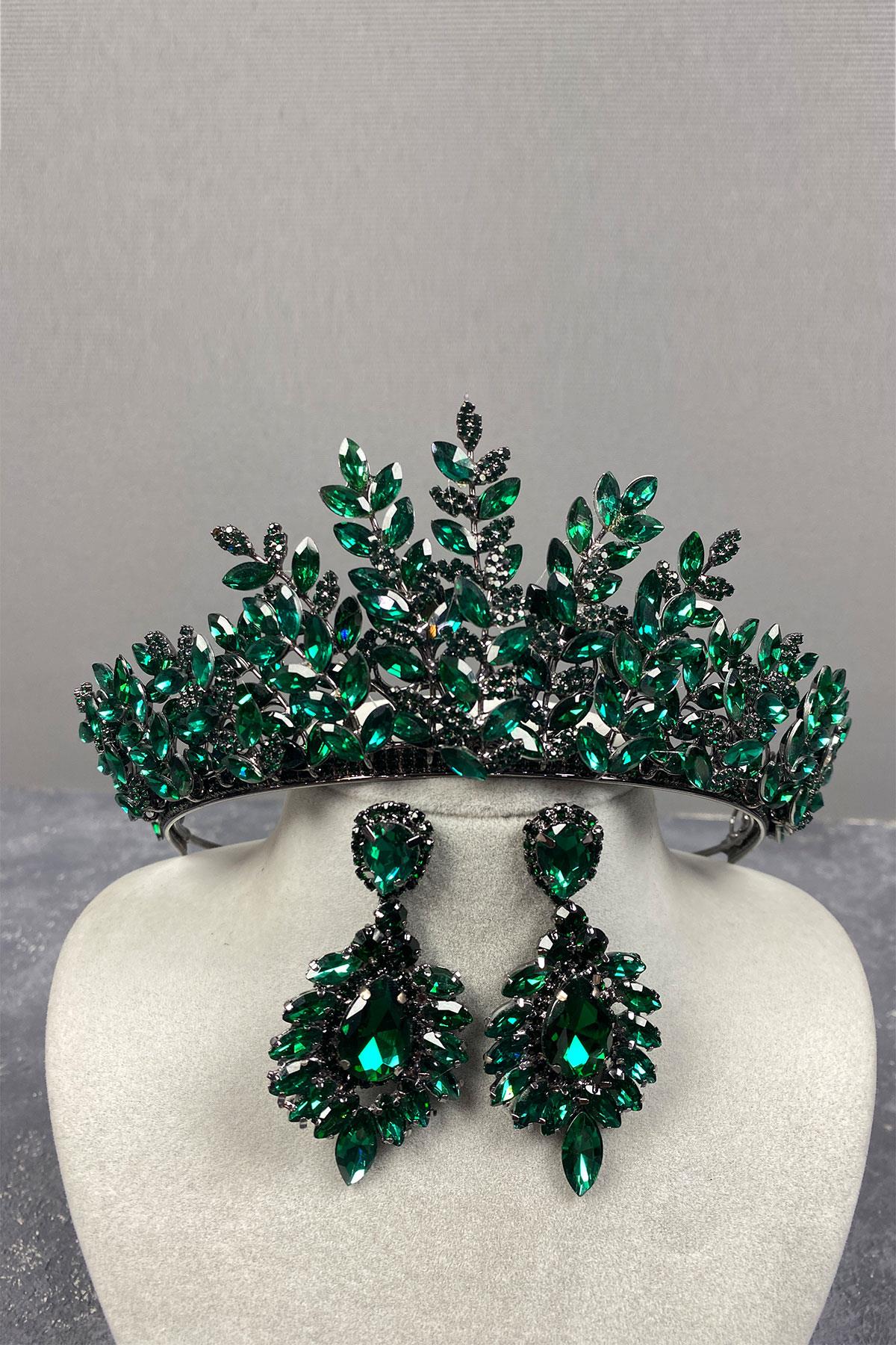 Green Ezel 3D Bridal Henna Crown And Earring Set
