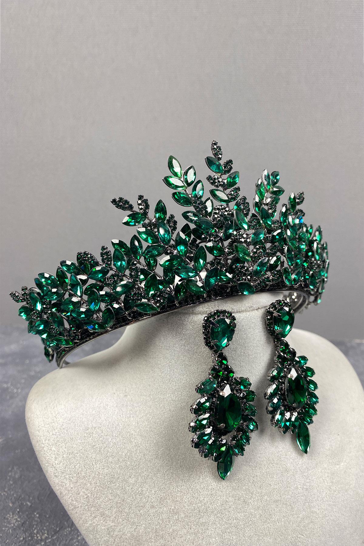 Green Ezel 3D Bridal Henna Crown And Earring Set