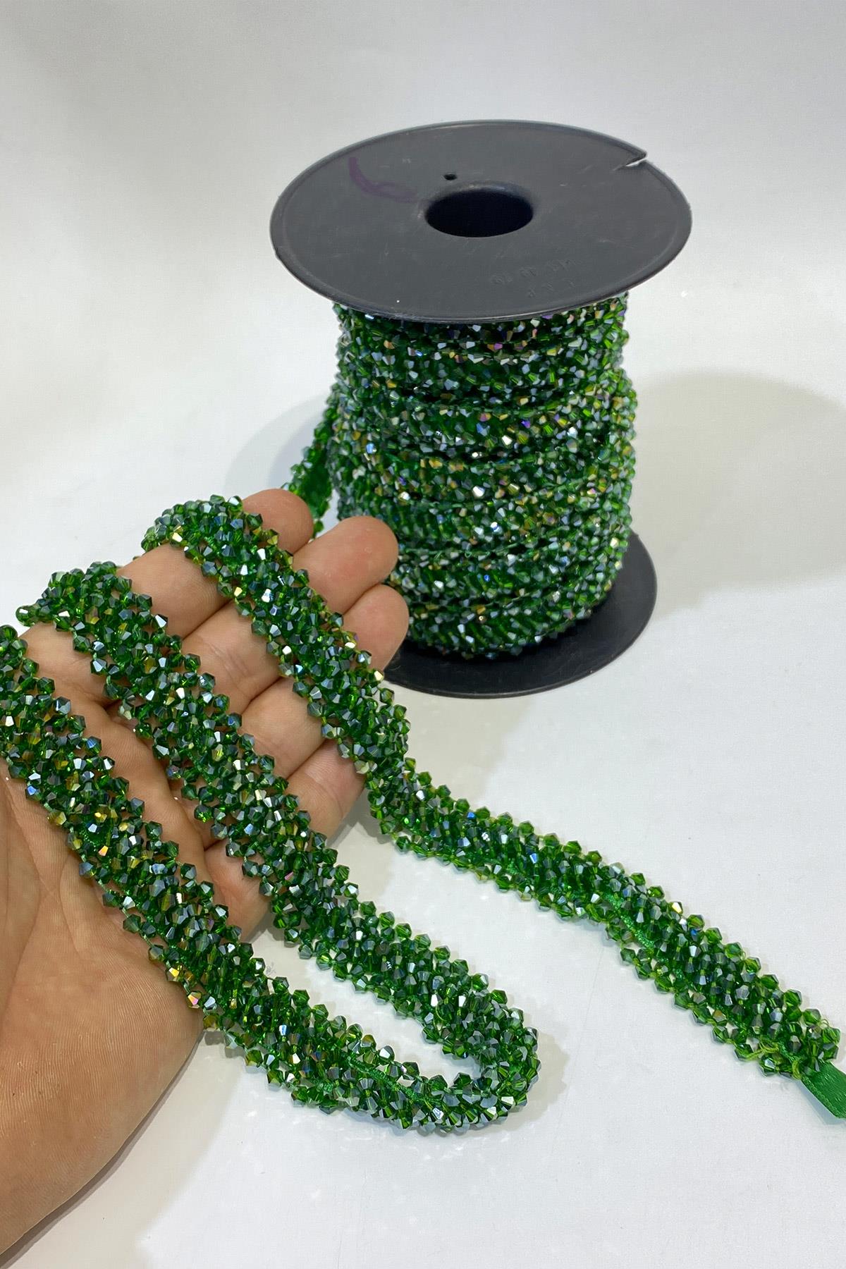 Green Wide Crystal Beaded Embroidered Ribbon