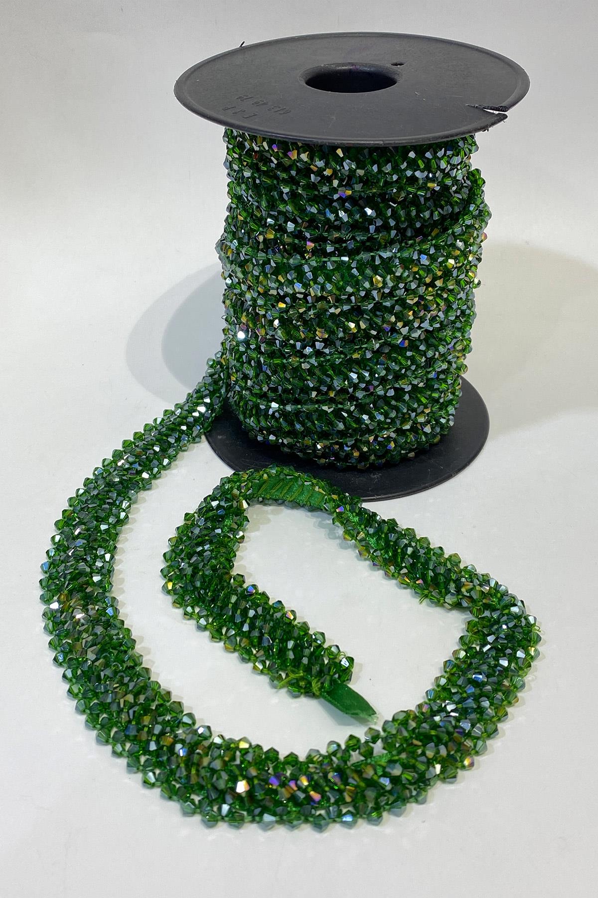 Green Wide Crystal Beaded Embroidered Ribbon