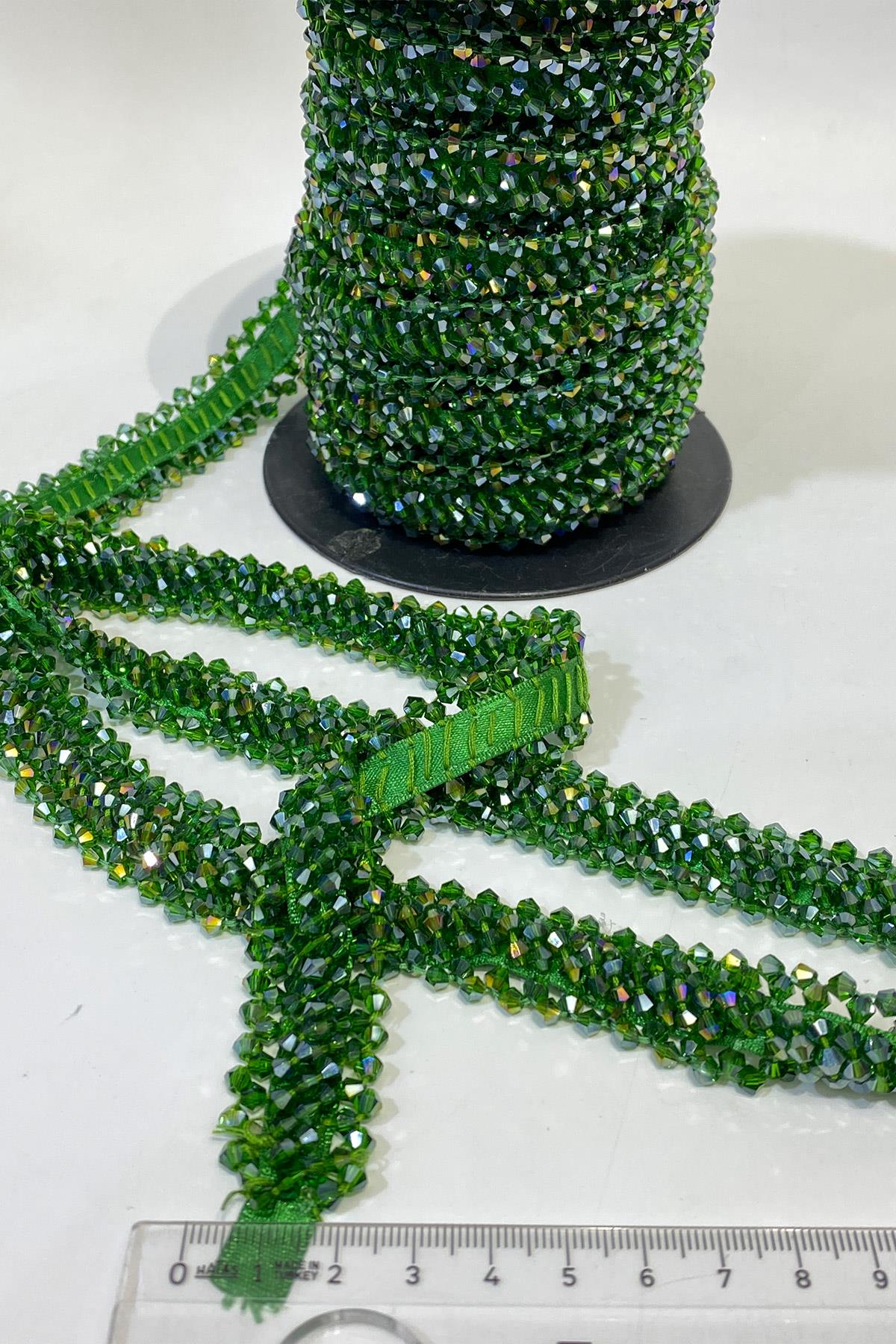 Green Wide Crystal Beaded Embroidered Ribbon