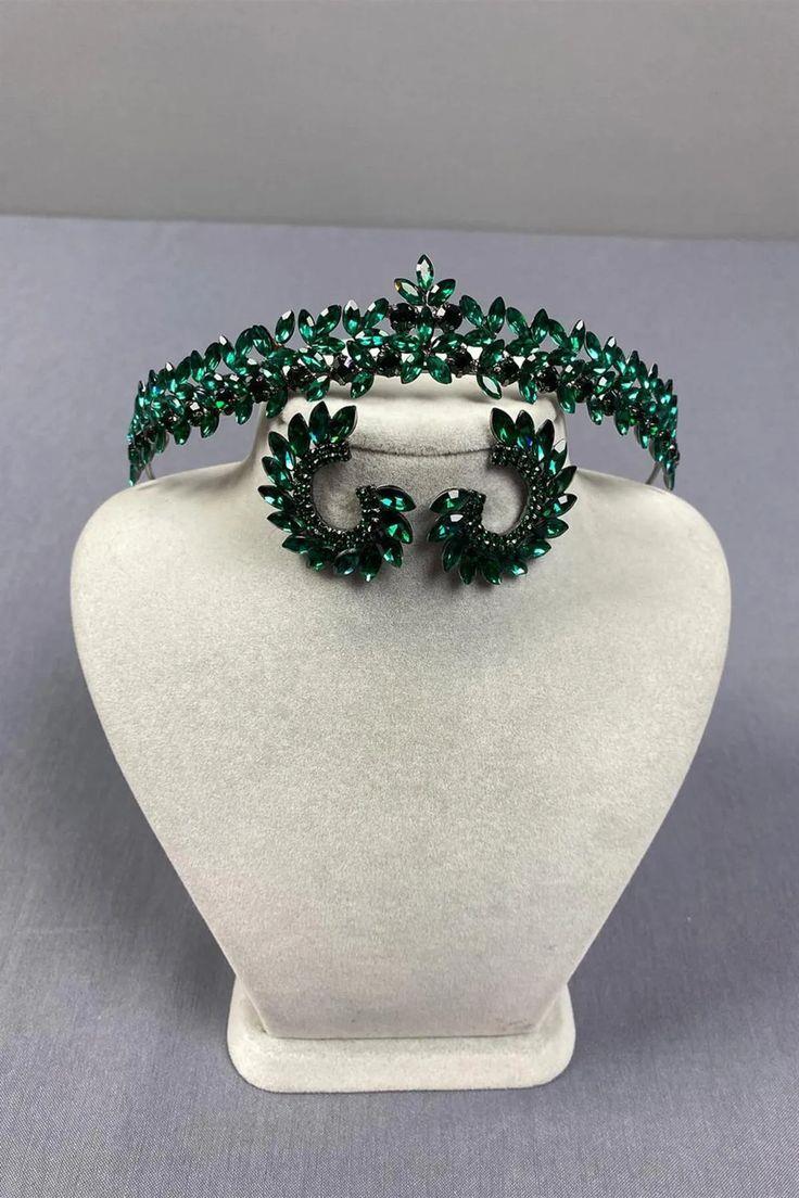 Green, Delicate Vera Bridal Henna Tiara and Round Earrings