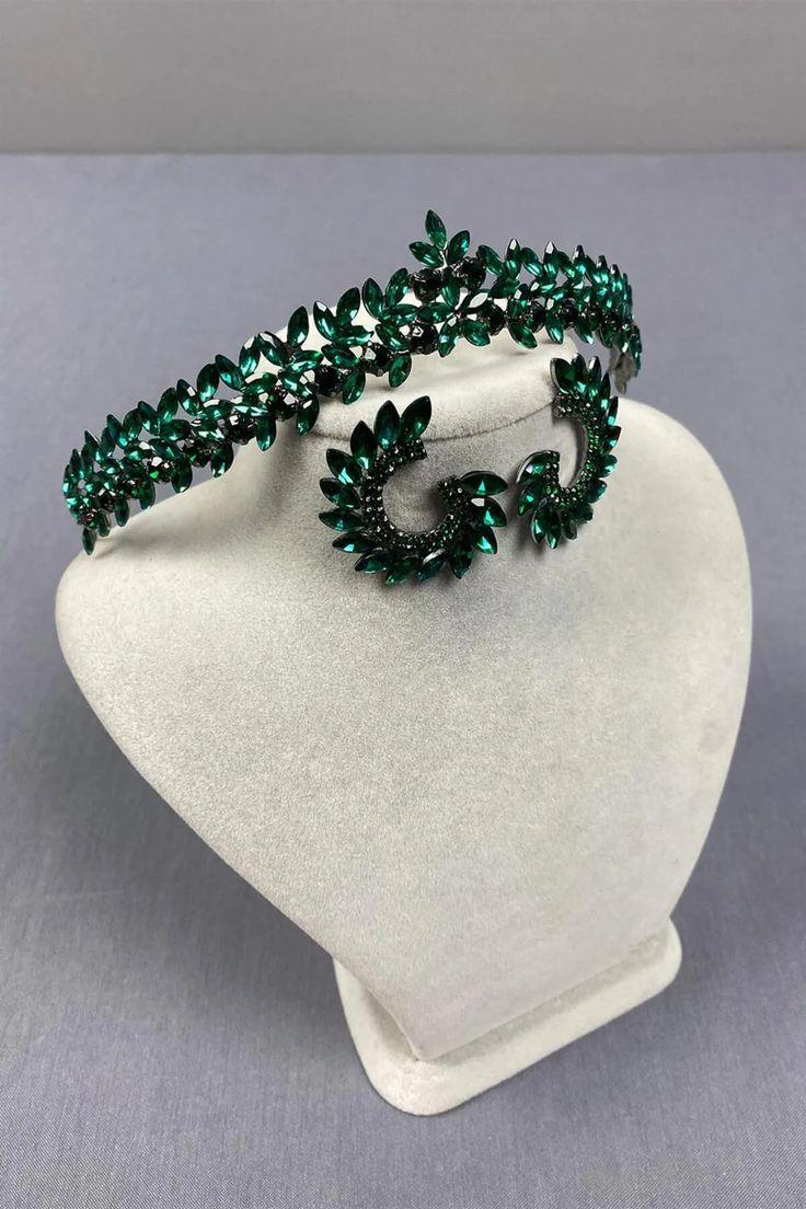 Green, Delicate Vera Bridal Henna Tiara and Round Earrings