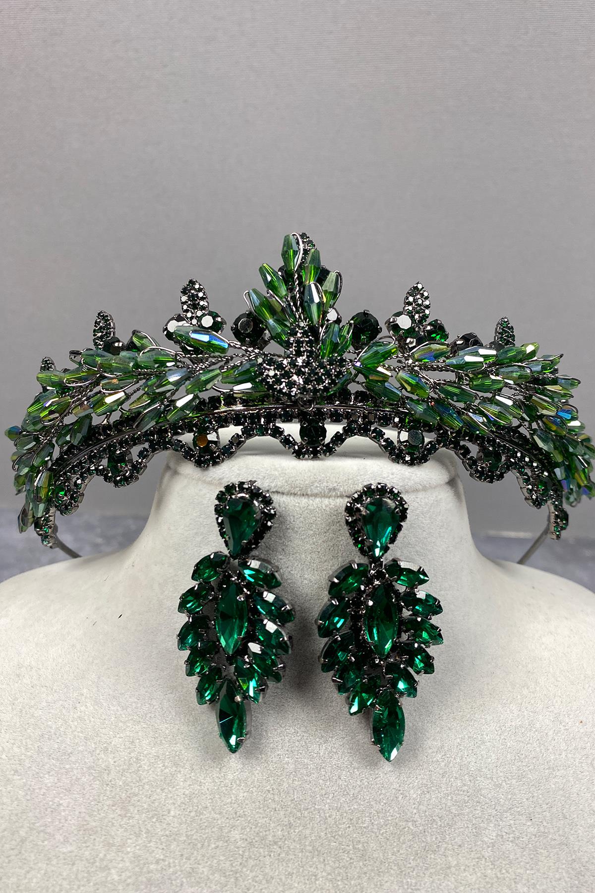 Green Lena Crystal Bridal Henna Crown And Earring Set