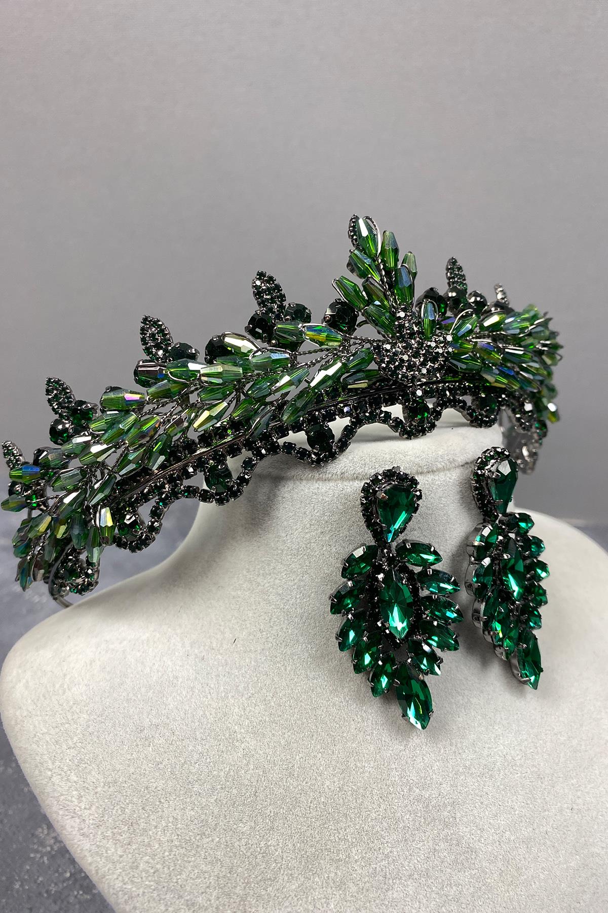 Green Lena Crystal Bridal Henna Crown And Earring Set