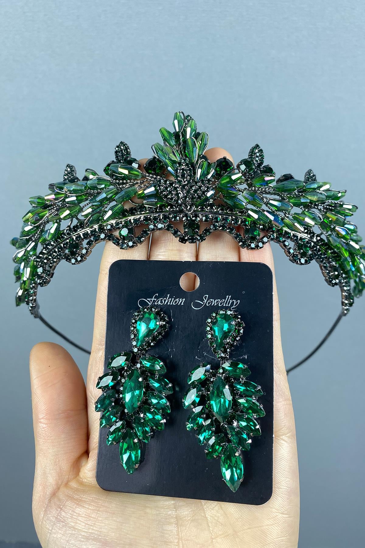 Green Lena Crystal Bridal Henna Crown And Earring Set