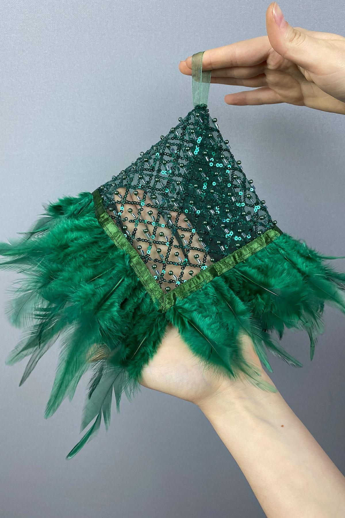 Green Authentic Bead Embroidered Hairy Bridal Halay Handkerchief 1 Piece