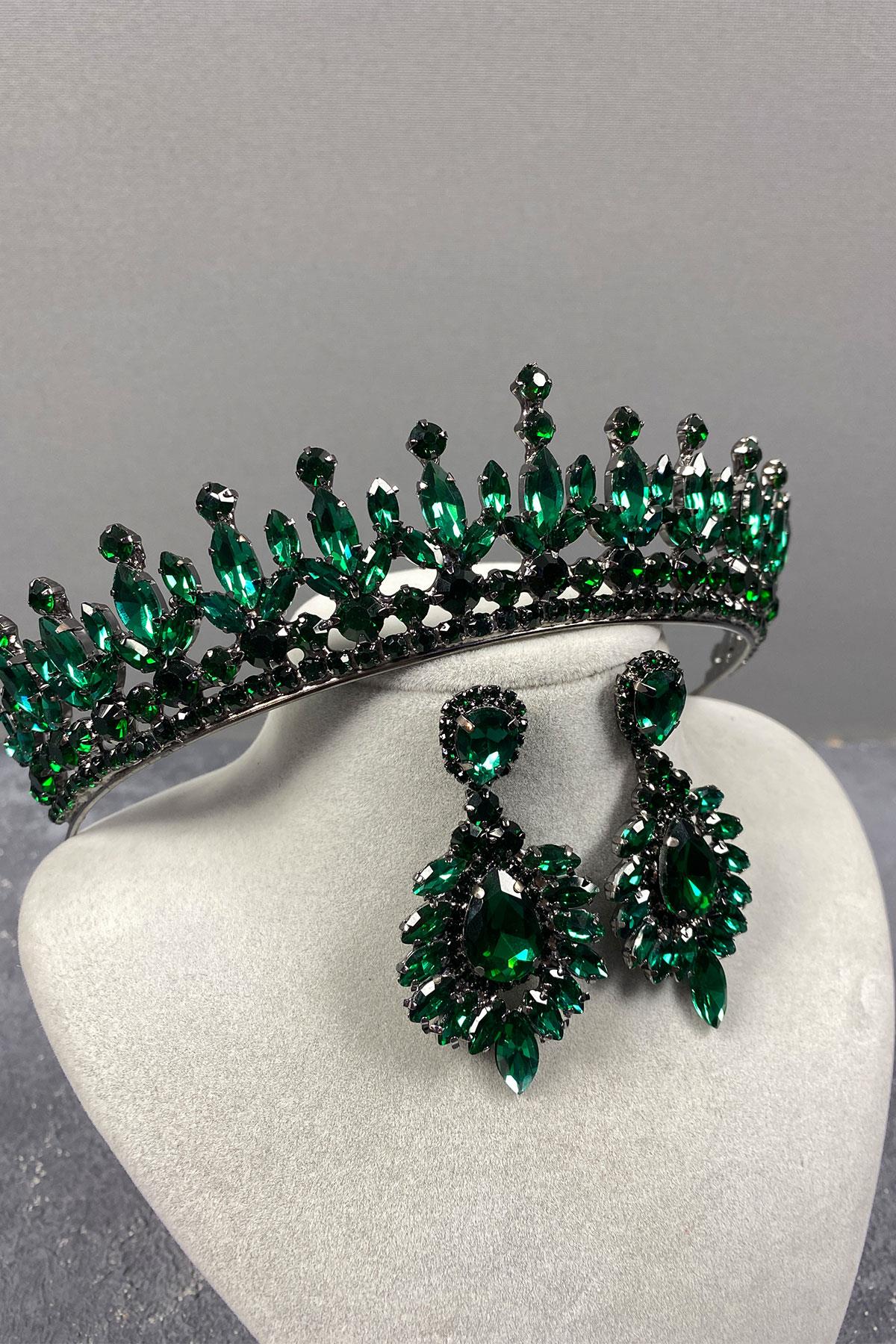 Green Pedro Stone Bridal Henna Tiara and Evening Dress Earrings Set
