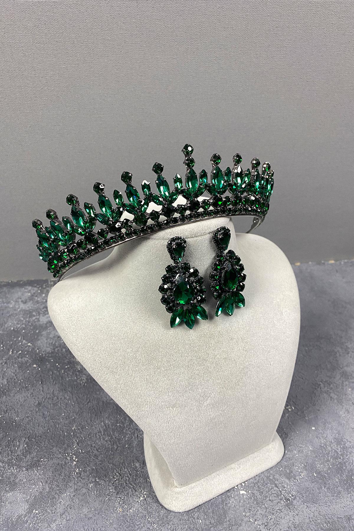 Green Pedro Stone Bridal Henna Crown And Earring Set