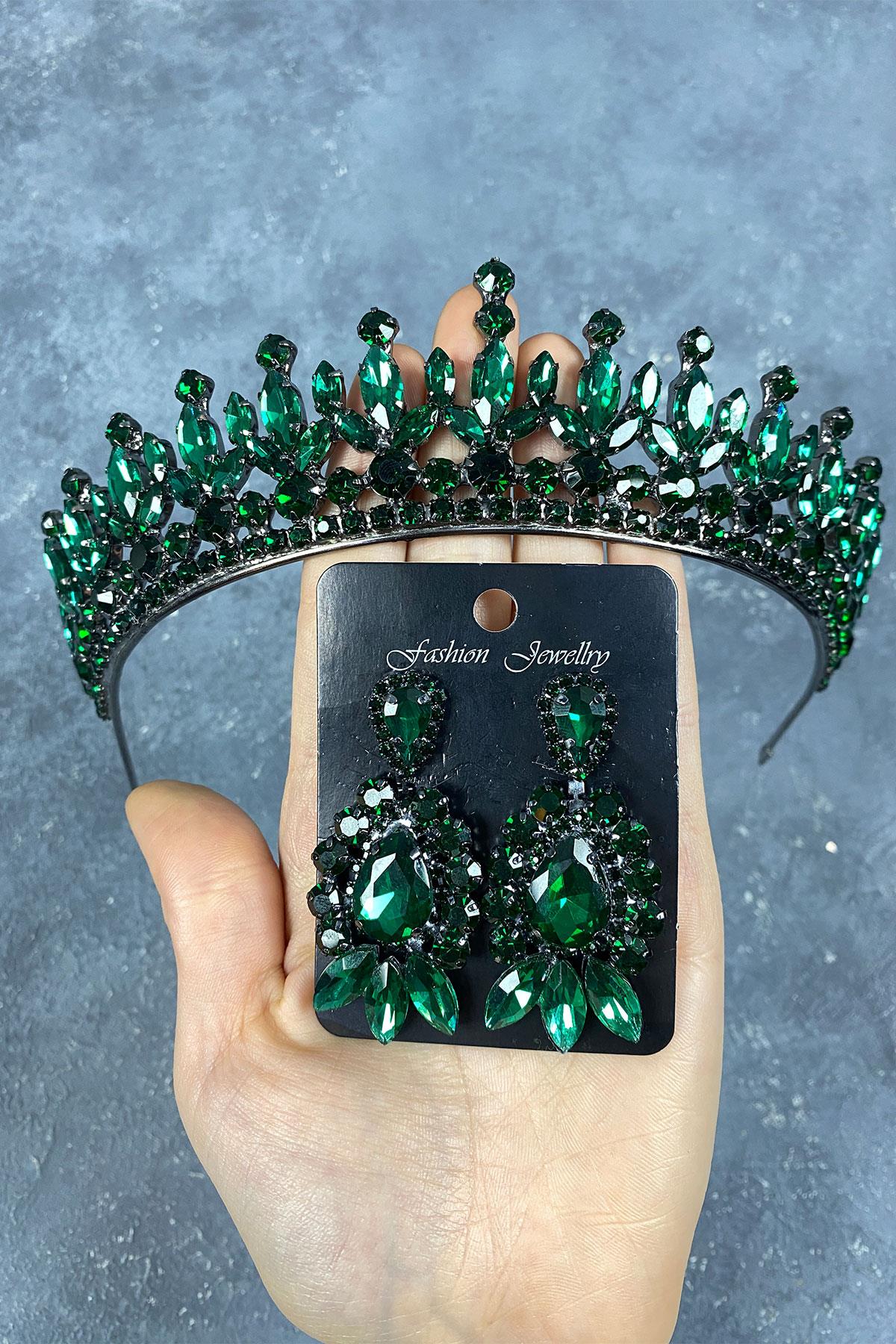 Green Pedro Stone Bridal Henna Crown And Earring Set