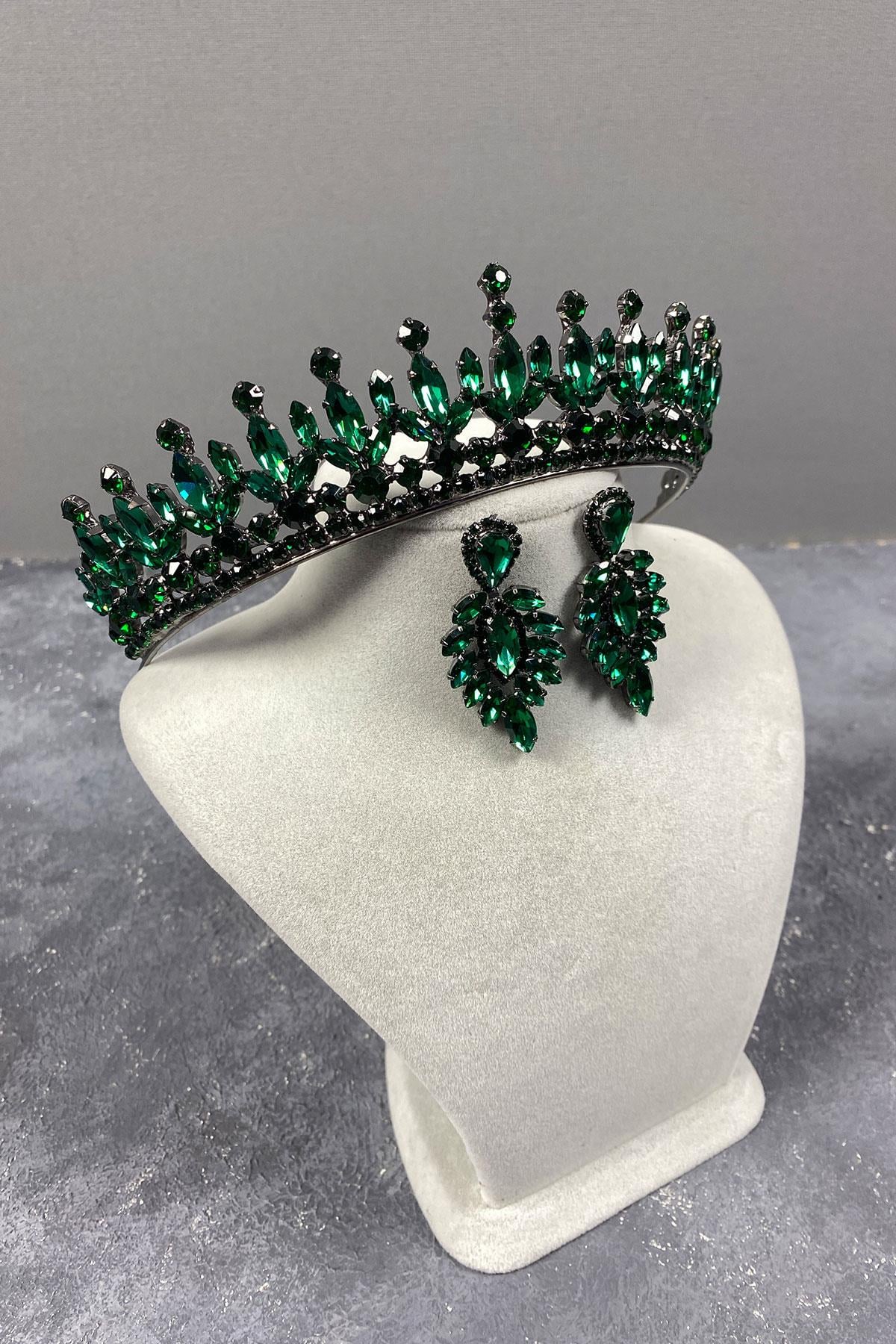 Green Pedro Stone Bridal Henna Crown And Earring Set