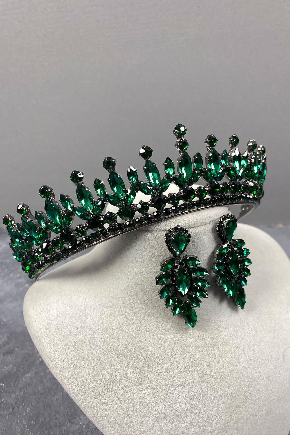 Green Pedro Stone Bridal Henna Crown And Earring Set