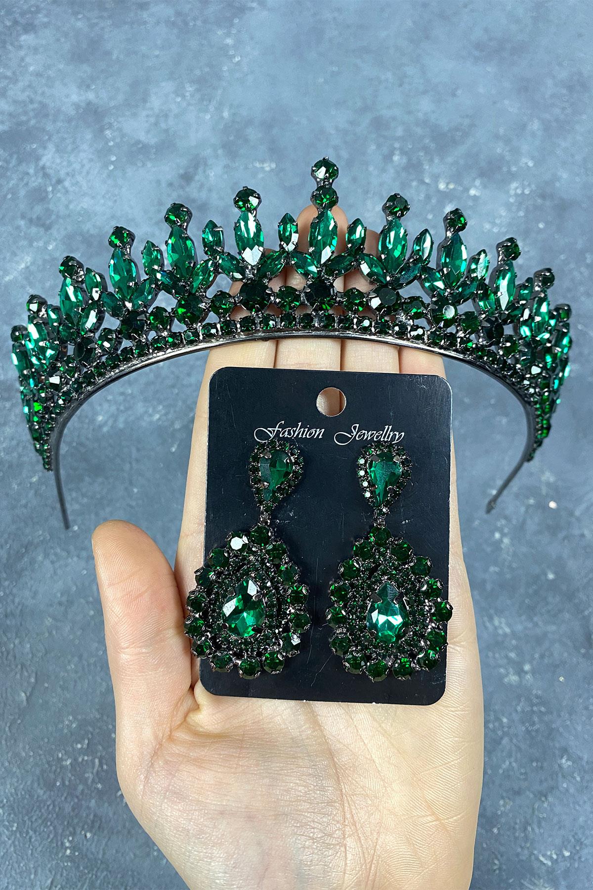 Green Pedro Stone Bridal Henna Tiara and Stud Earrings Set