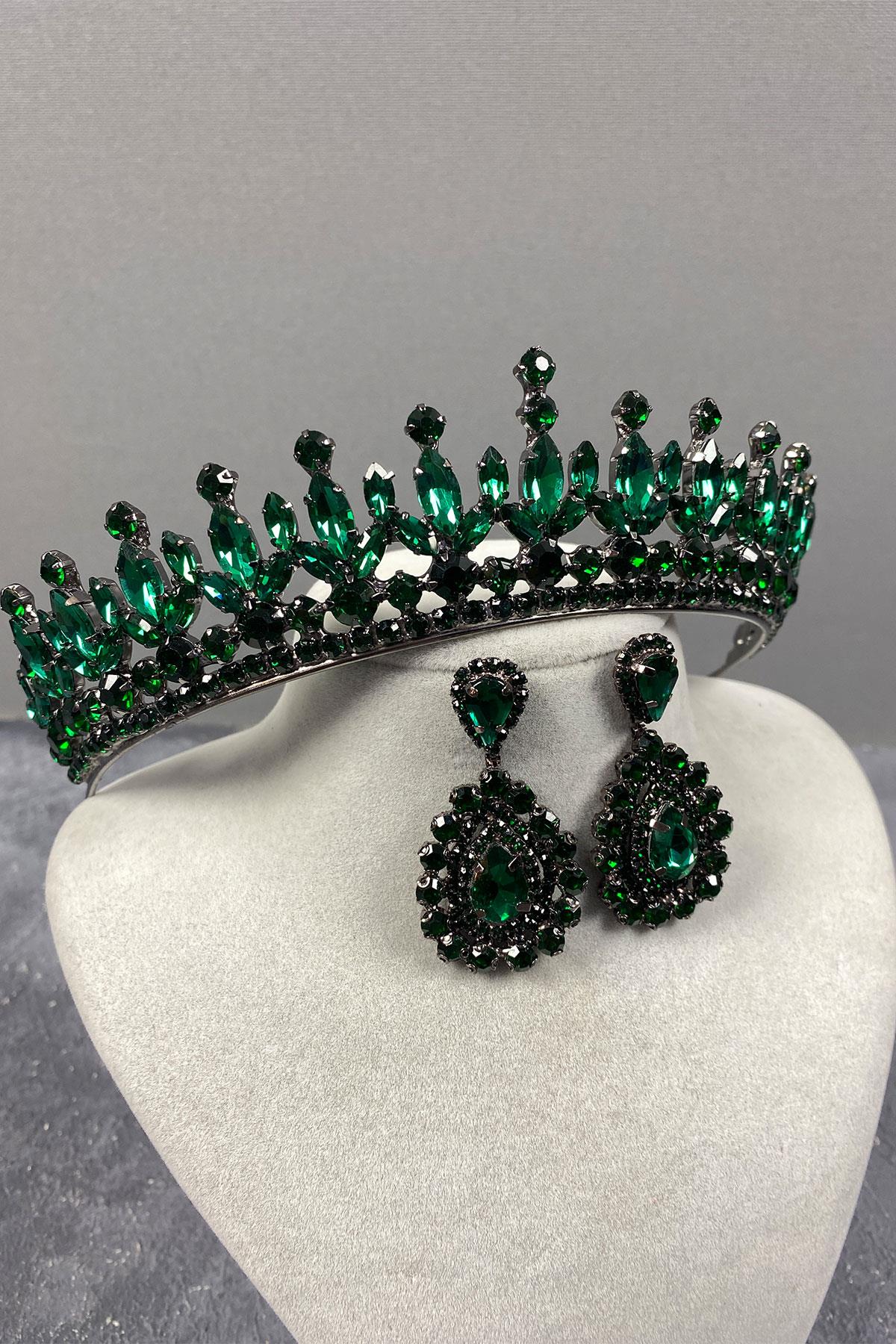Green Pedro Stone Bridal Henna Tiara and Stud Earrings Set