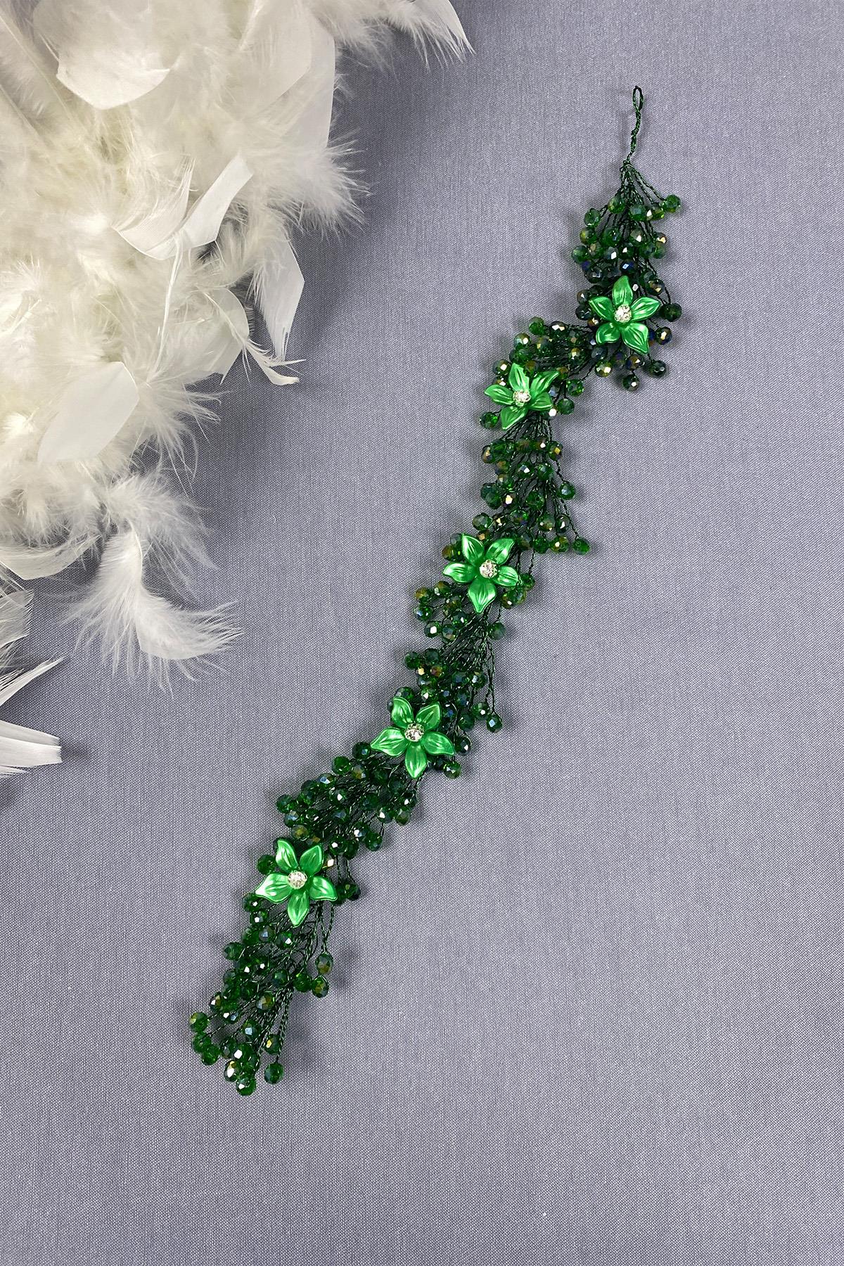 Green Stone Floral Crystal Beaded Bridal Hair And Hijab Accessory