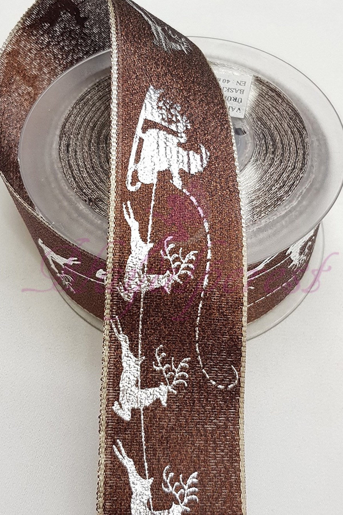 Brown Leaf Printed Glittery Christmas Ribbon 4Cm