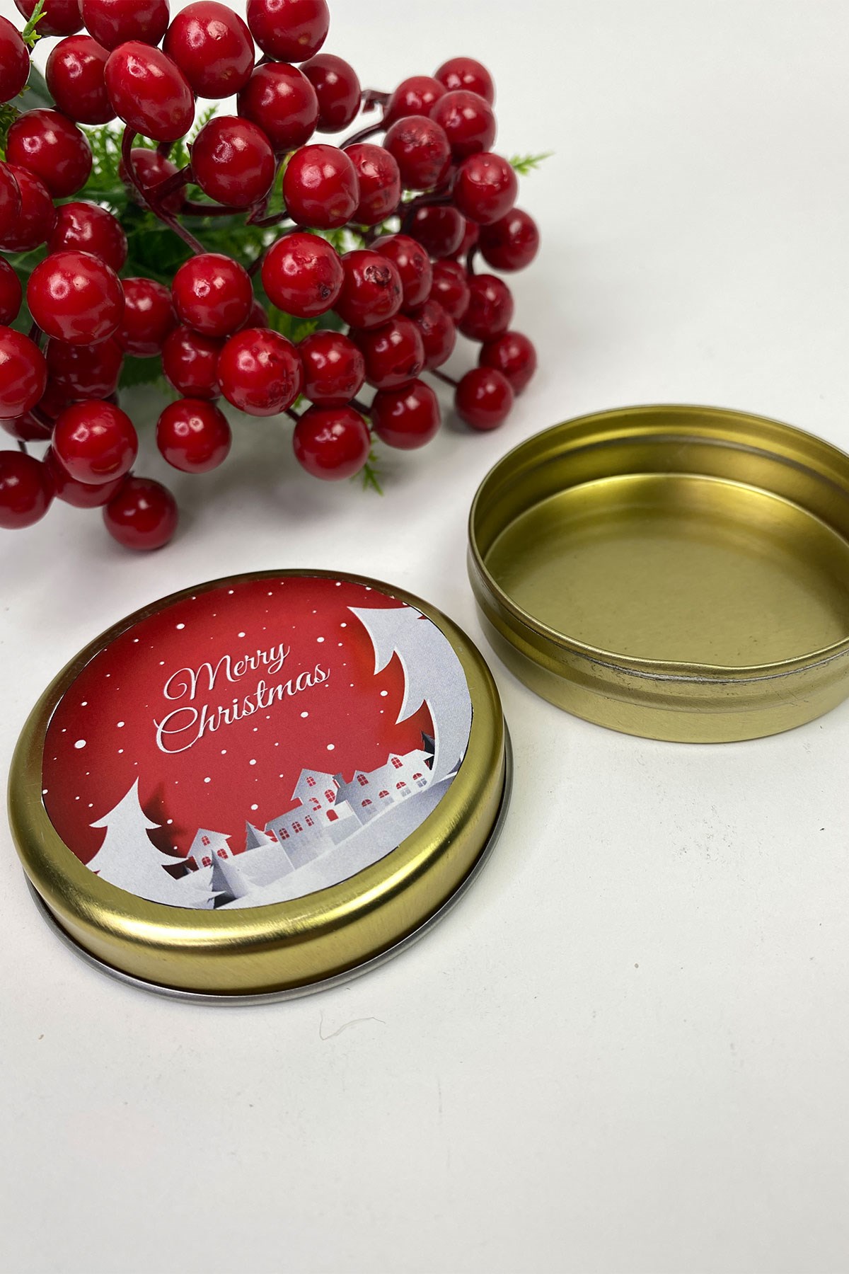 Yuvarlak Gold Teneke Kutu Kırmızı Merry Christmas Baskılı