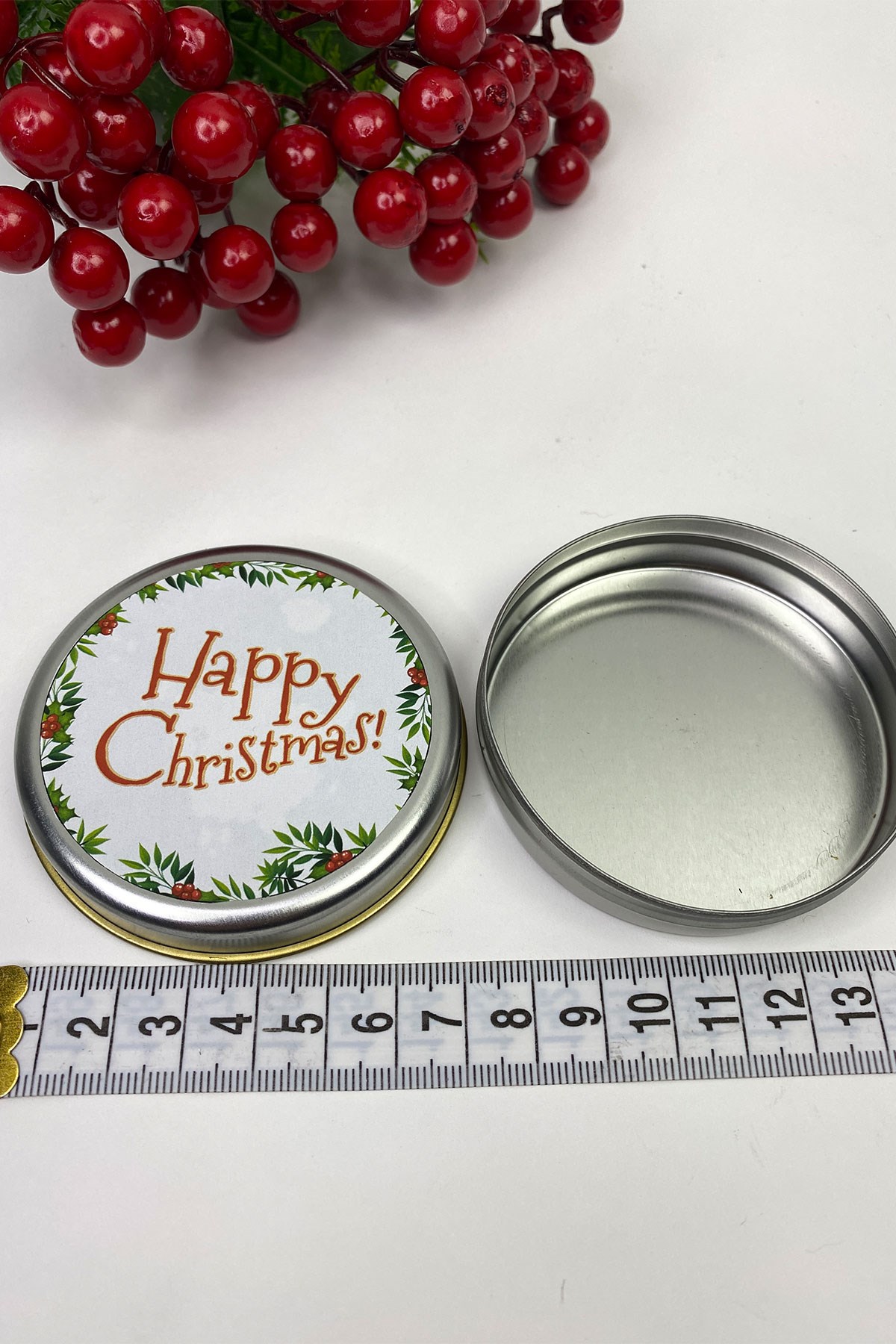 Yuvarlak Gümüş Teneke Kutu Happy Christmas Baskılı