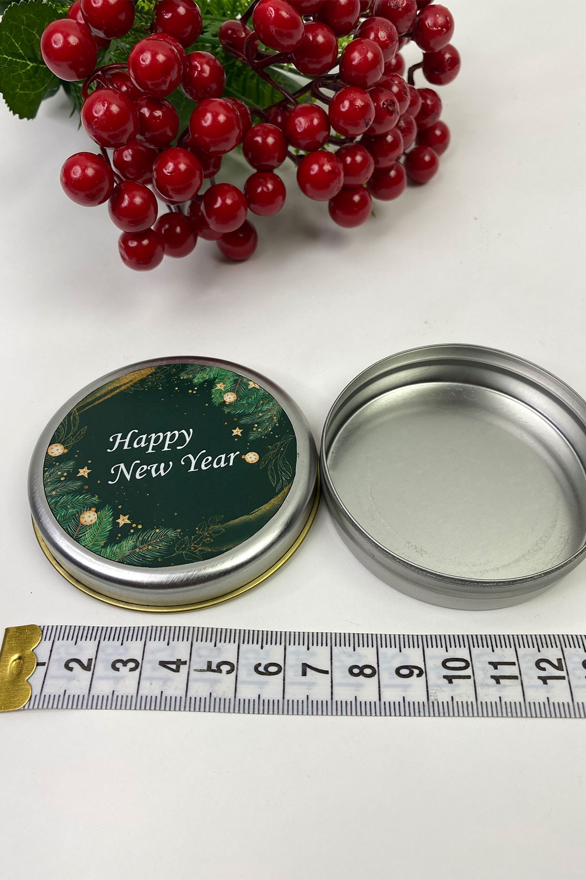 Yuvarlak Gümüş Teneke Kutu Yeşil Happy New Year Baskılı