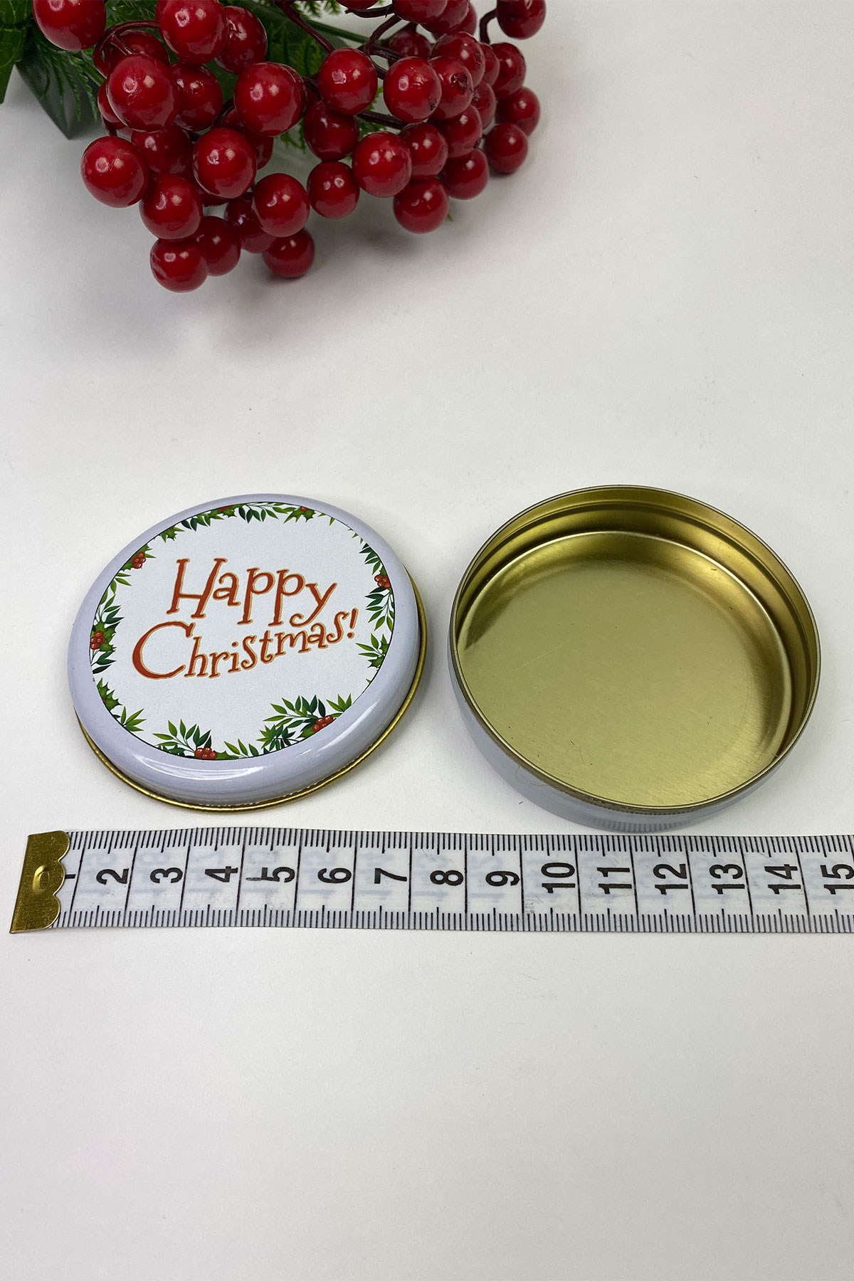 Yuvarlak Teneke Kutu Beyaz Happy Christmas Baskılı